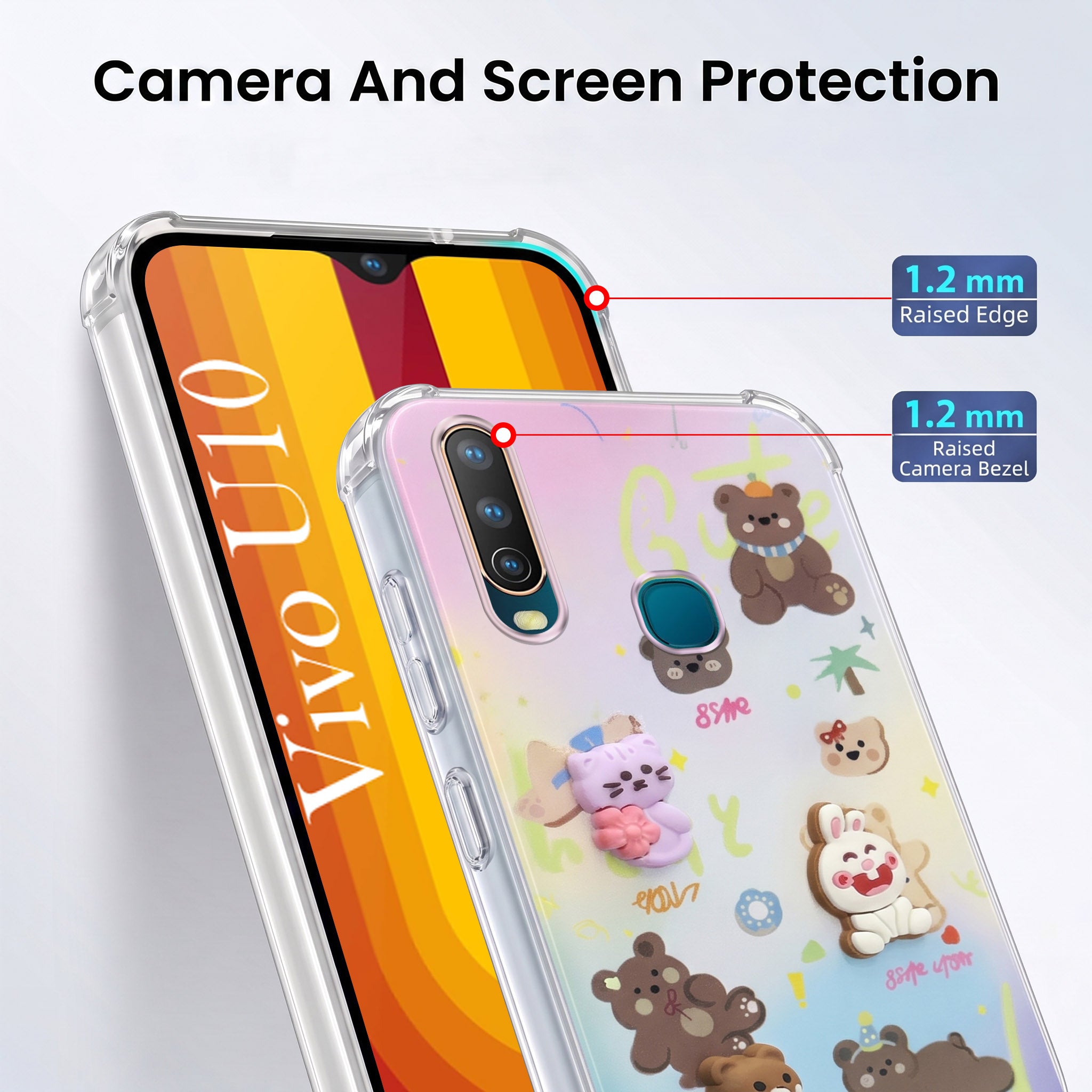 For Vivo U10 Back Cover Case (3D Cute Cartoons | Hard Back Side Soft | Matte Premium Finish | HD Printing)