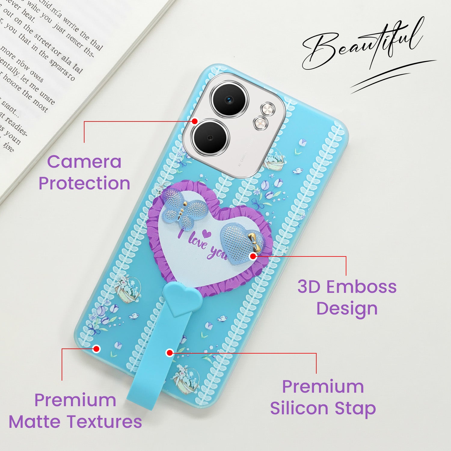 For Oppo A5X Back Cover Case (3D Cute Heart Strap Holder | Camera Protection | Designer Girls Print)