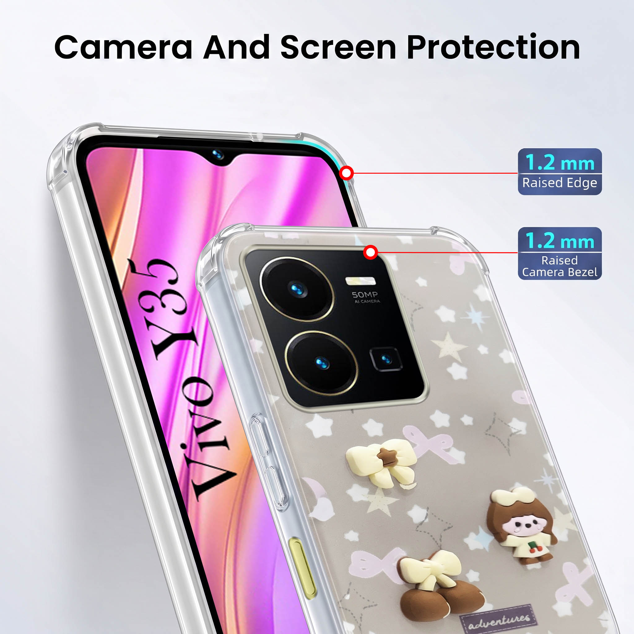 For Vivo Y35 Back Cover Case (3D Cute Cartoons | Hard Back Side Soft | Matte Premium Finish | HD Printing)