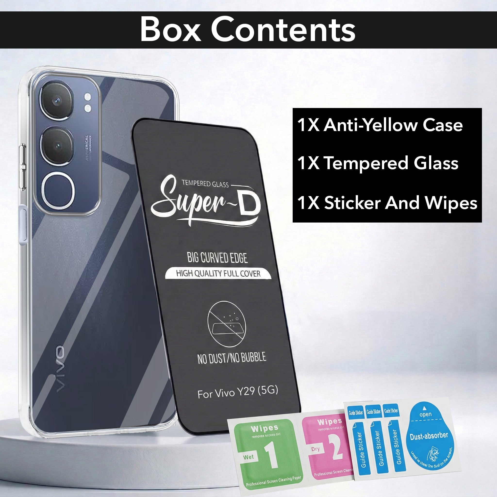 For Vivo Y29 Combo with Back Cover and 9H Tempered Glass (Lifetime Anti-Yellow | Sleek Hard Crystal | Oleophobic Coating Screen Glass)