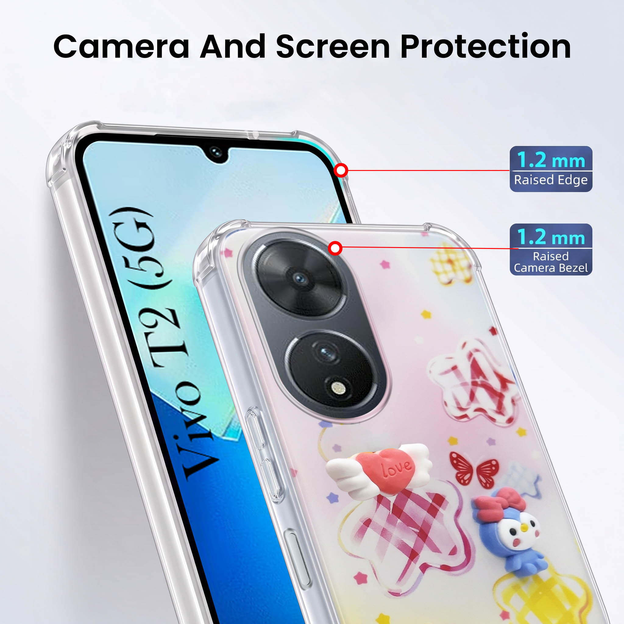 For Vivo T2 Back Cover Case (3D Cute Cartoons | Hard Back Side Soft | Matte Premium Finish | HD Printing)