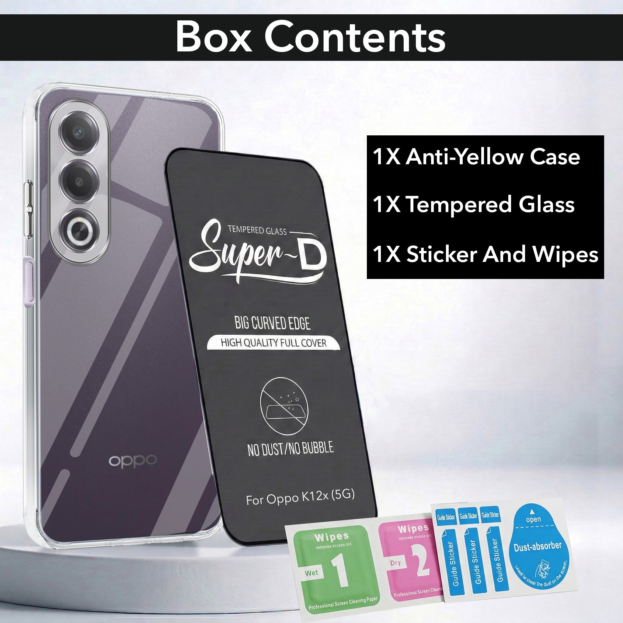 For Oppo K12x 5G Combo with Back Cover and 9H Tempered Glass (Lifetime Anti-Yellow | Sleek Hard Crystal | Oleophobic Coating Screen Glass)