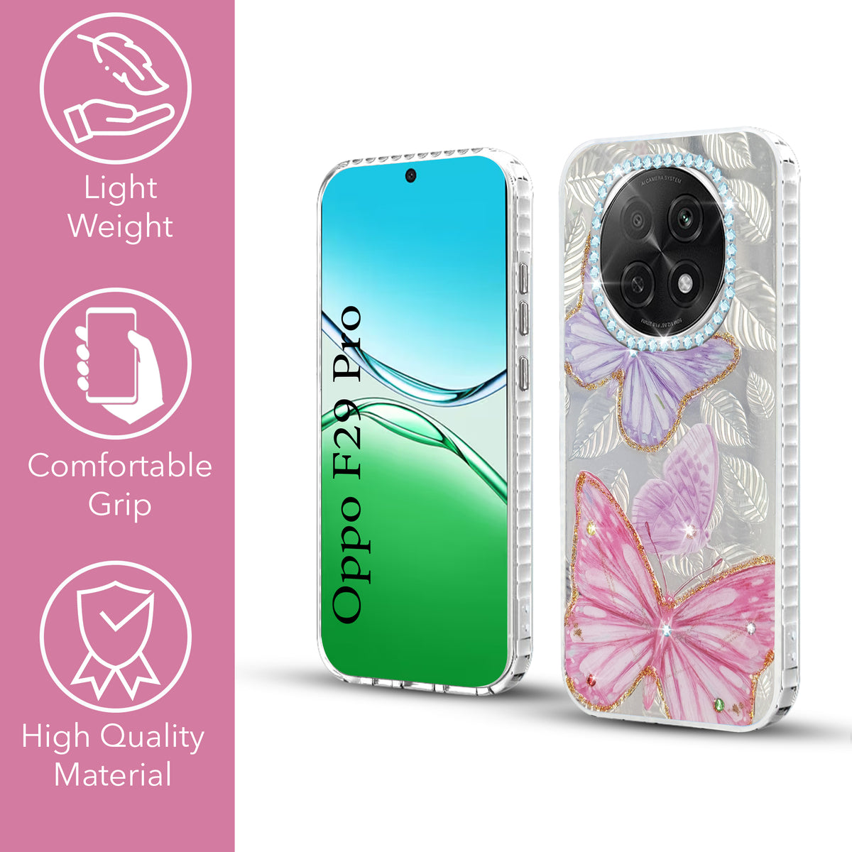 For Oppo F29 Pro Back Cover Case  (Luxury Floral Glitter Cute Butterfly | Diamond Studded Camera Bump | Girls & Women Design)