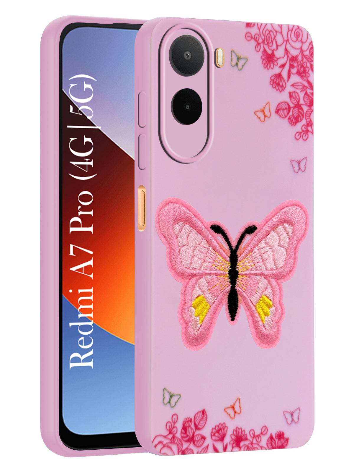 For Redmi A7 Pro 5G Back Cover Case (Soft Butterfly Embroidery | Women Teen Girls | Camera Protection| Matte Silicone)