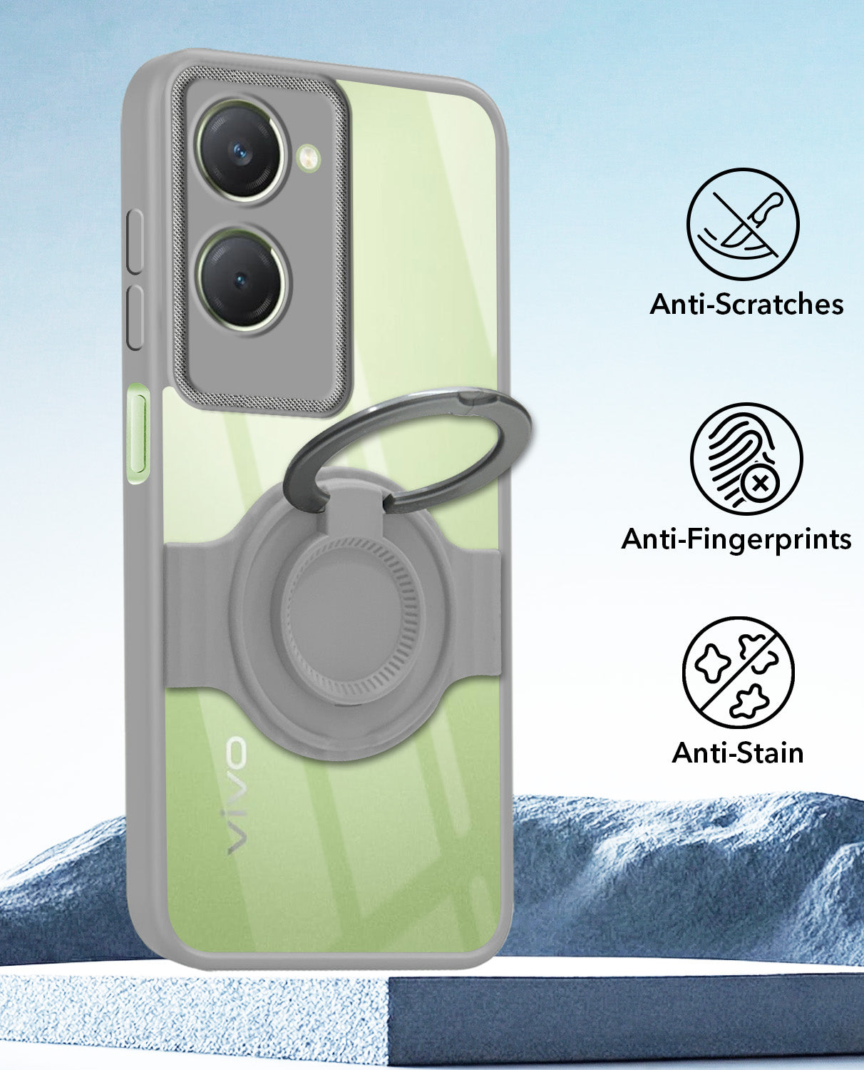 For Vivo T3 Lite 5G | Vivo Y28s 5G Back Cover Case with stand (Built-in Ring Holder Kickstand | Lifetime Anti Yellow | Camera Protection)