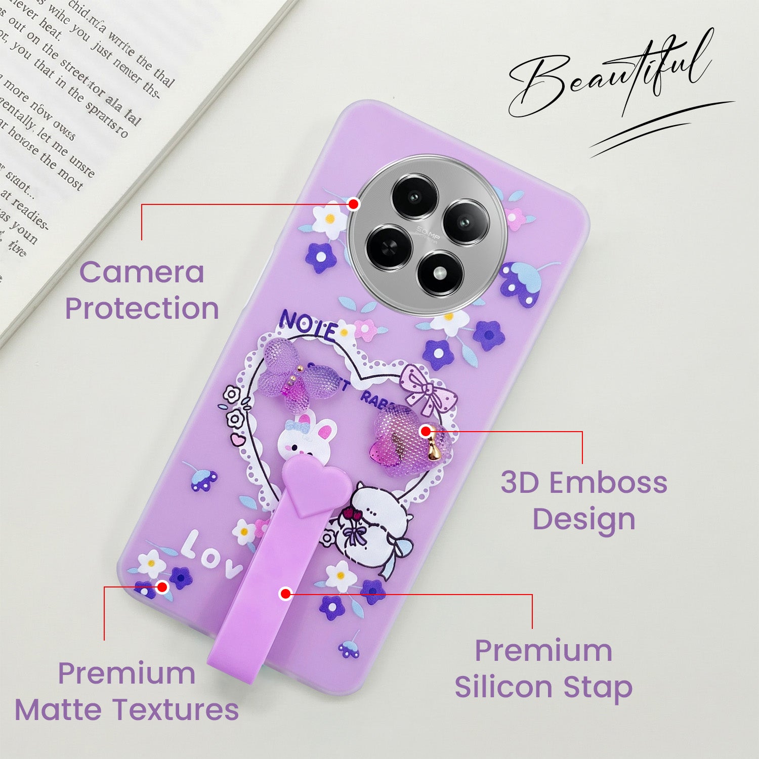 For Realme Narzo 70x 5G Back Cover Case (3D Cute Heart Strap Holder | Camera Protection | Designer Girls Print)