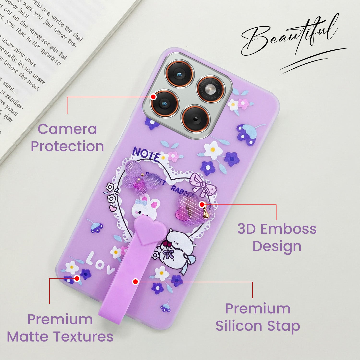 For Motorola Moto Edge 70 Back Cover Case (3D Cute Heart Strap Holder | Camera Protection | Designer Girls Print)