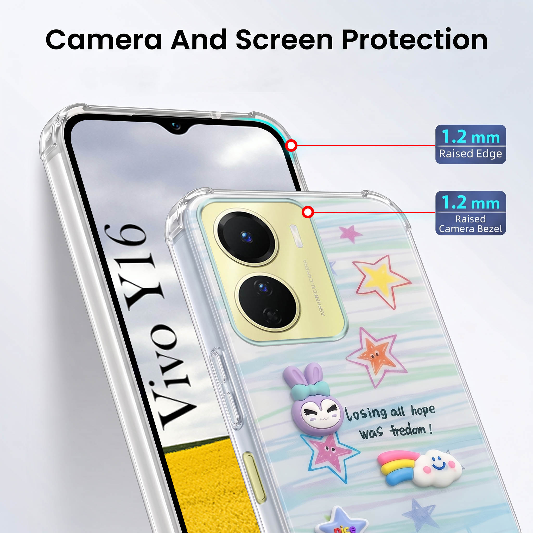 For Vivo Y16 Back Cover Case (3D Cute Cartoons | Hard Back Side Soft | Matte Premium Finish | HD Printing)