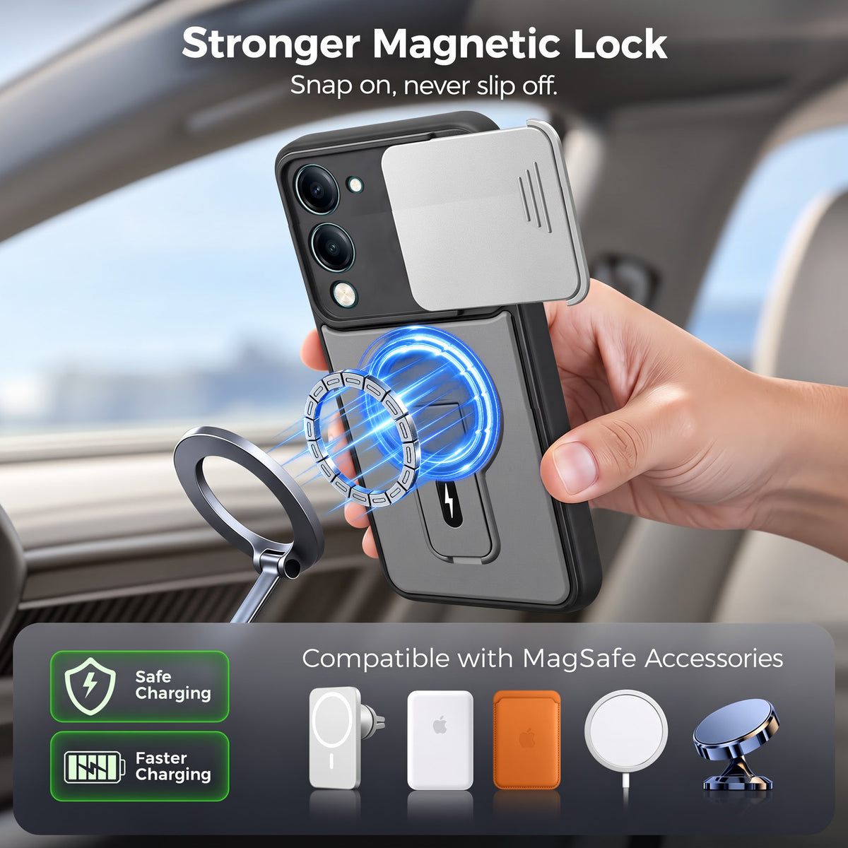 For Vivo Y19 | Vivo Y19e | Vivo T4 Lite Back Case Cover Metallic (Hybrid Armor Kickstand | Sliding Shutter Camera Protection | MagSafe Compatible)