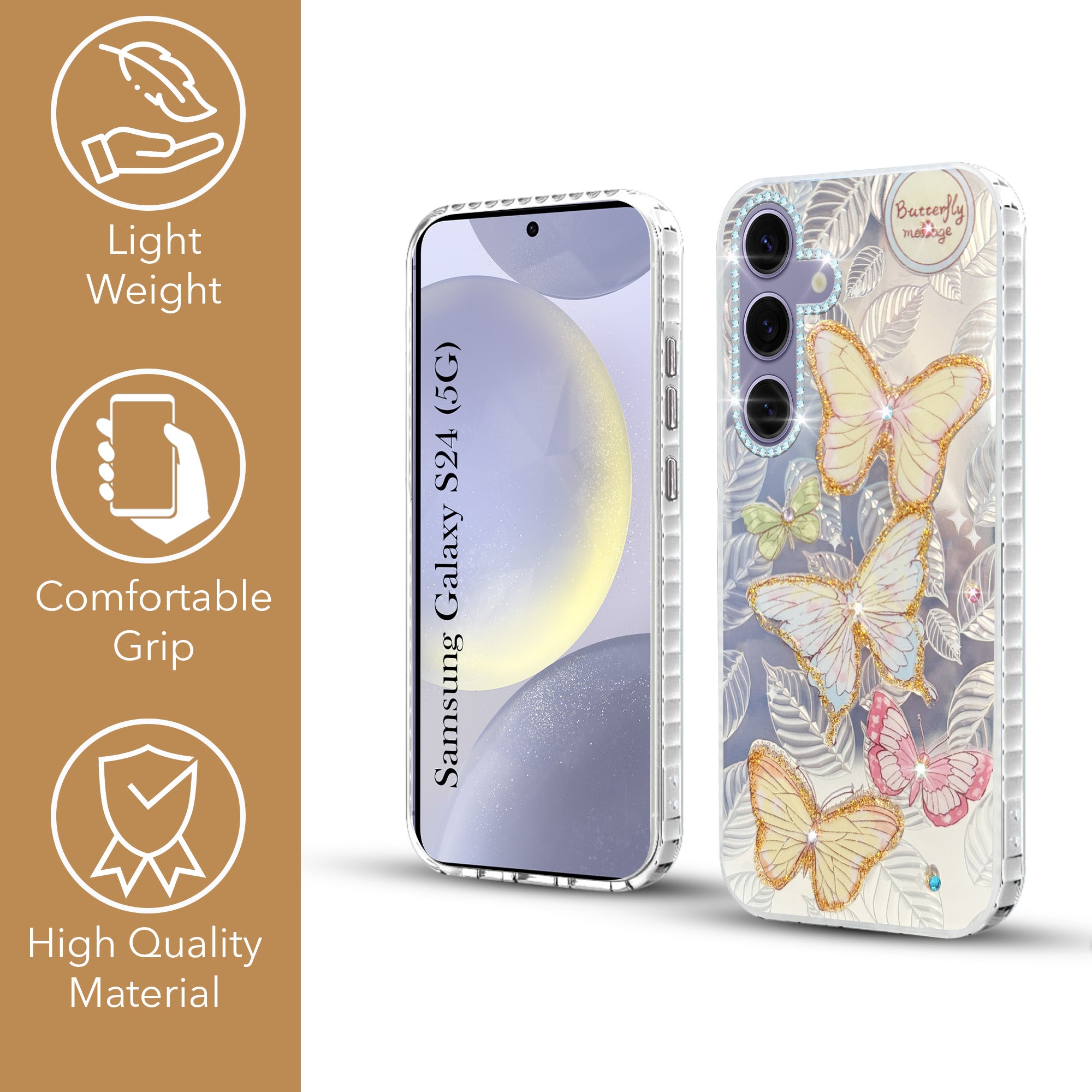 For Samsung Galaxy S24 Back Cover Case (Luxury Floral Glitter Cute Butterfly | Diamond Studded Camera Bump | Girls & Women Design)