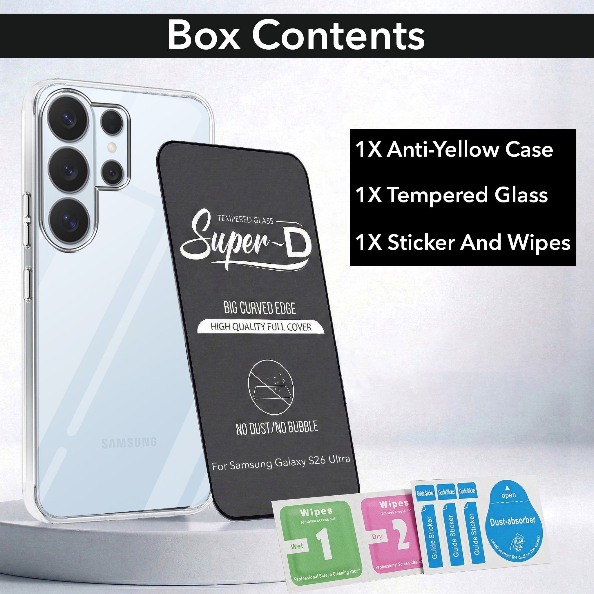 For Samsung Galaxy S26 Ultra Combo with Back Cover and 9H Tempered Glass (Lifetime Anti-Yellow | Sleek Hard Crystal | Oleophobic Coating Screen Glass)