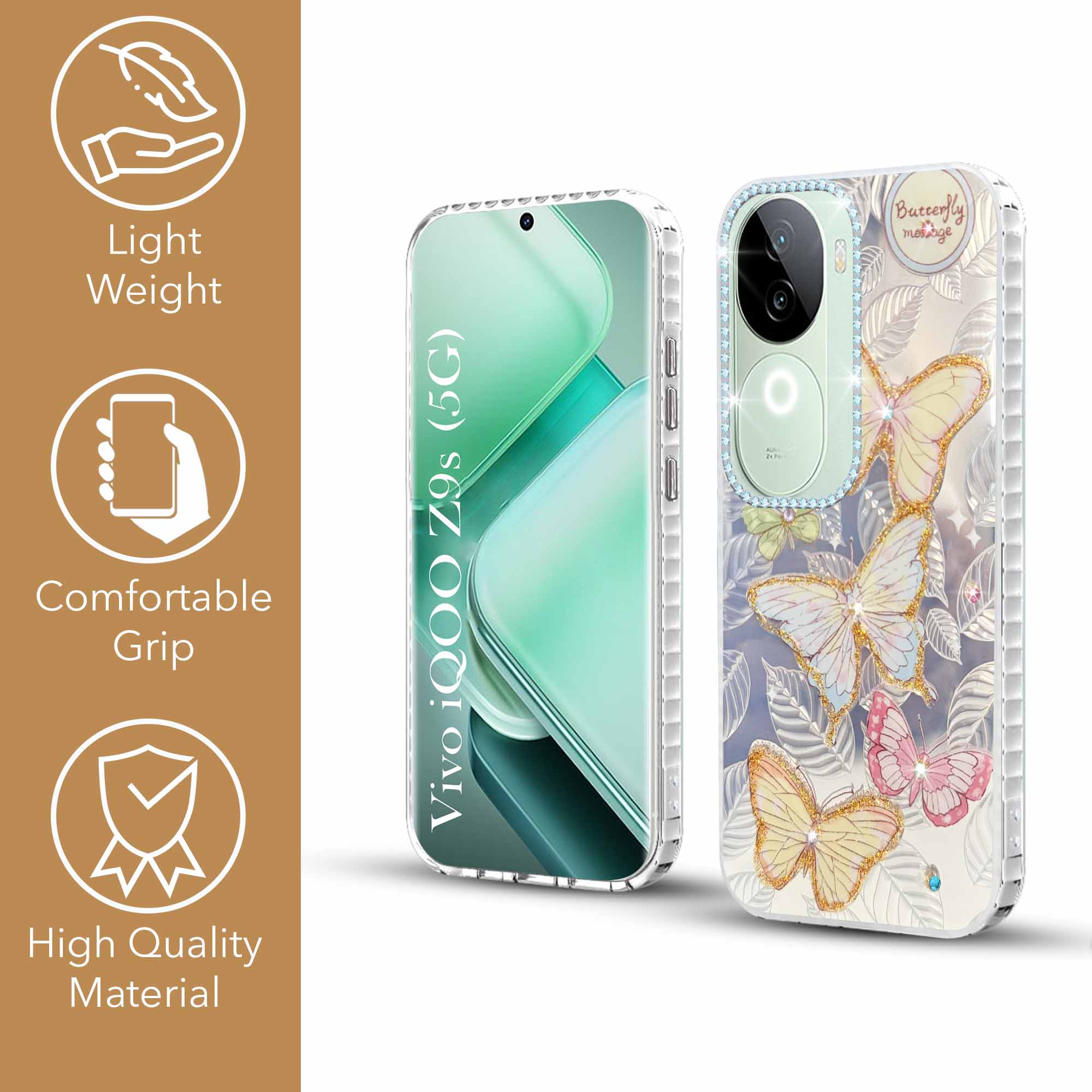For Vivo iQOO Z9s  Back Cover Case (Luxury Floral Glitter Cute Butterfly | Diamond Studded Camera Bump | Girls & Women Design)