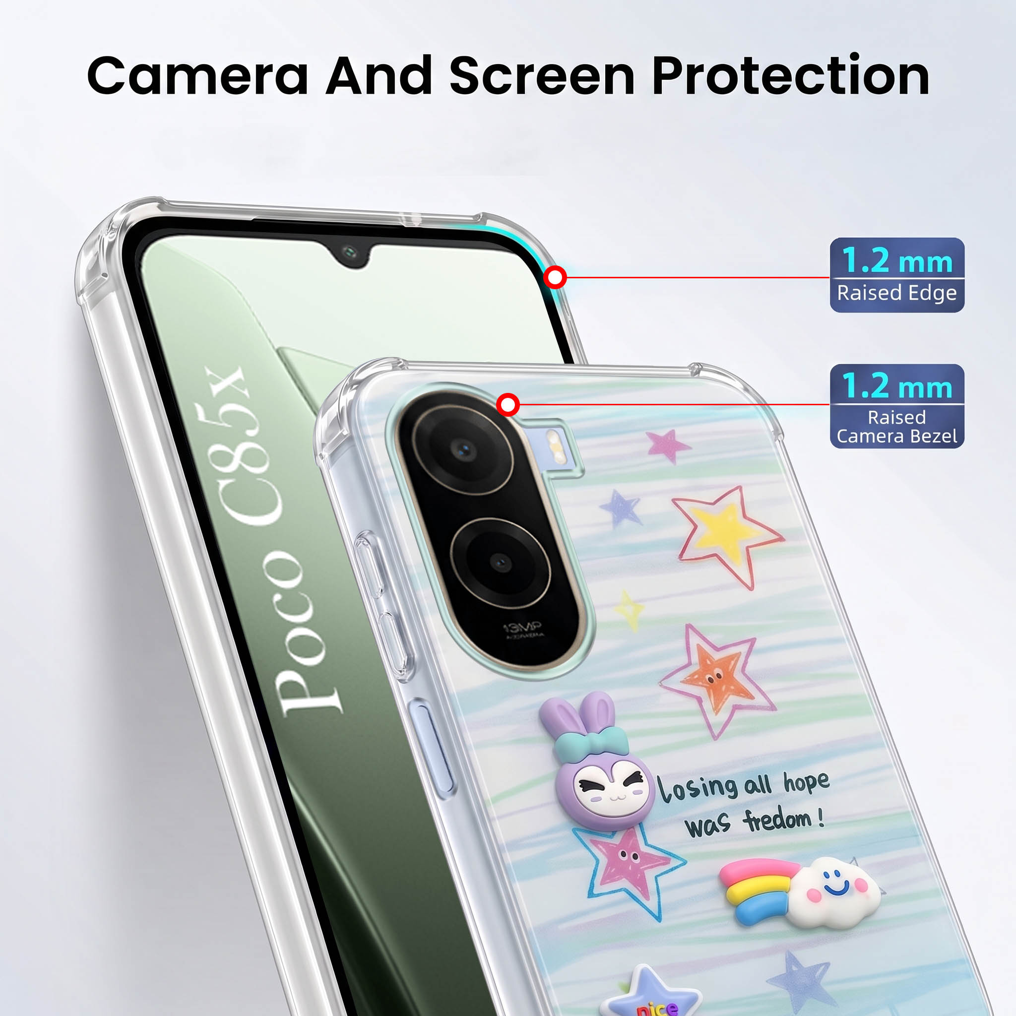 For Poco C85x 5G Back Cover Case (3D Cute Cartoons | Hard Back Side Soft | Matte Premium Finish | HD Printing)