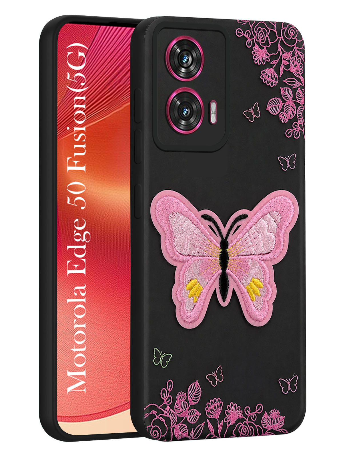 For Motorola Moto Edge 50 Fusion Back Cover Case (Soft Butterfly Embroidery | Women Teen Girls | Camera Protection| Matte Silicone)