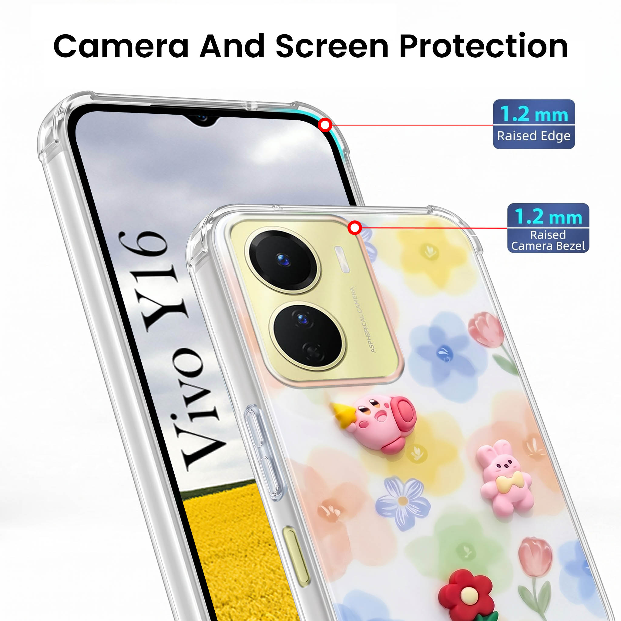 For Vivo Y16 Back Cover Case (3D Cute Cartoons | Hard Back Side Soft | Matte Premium Finish | HD Printing)