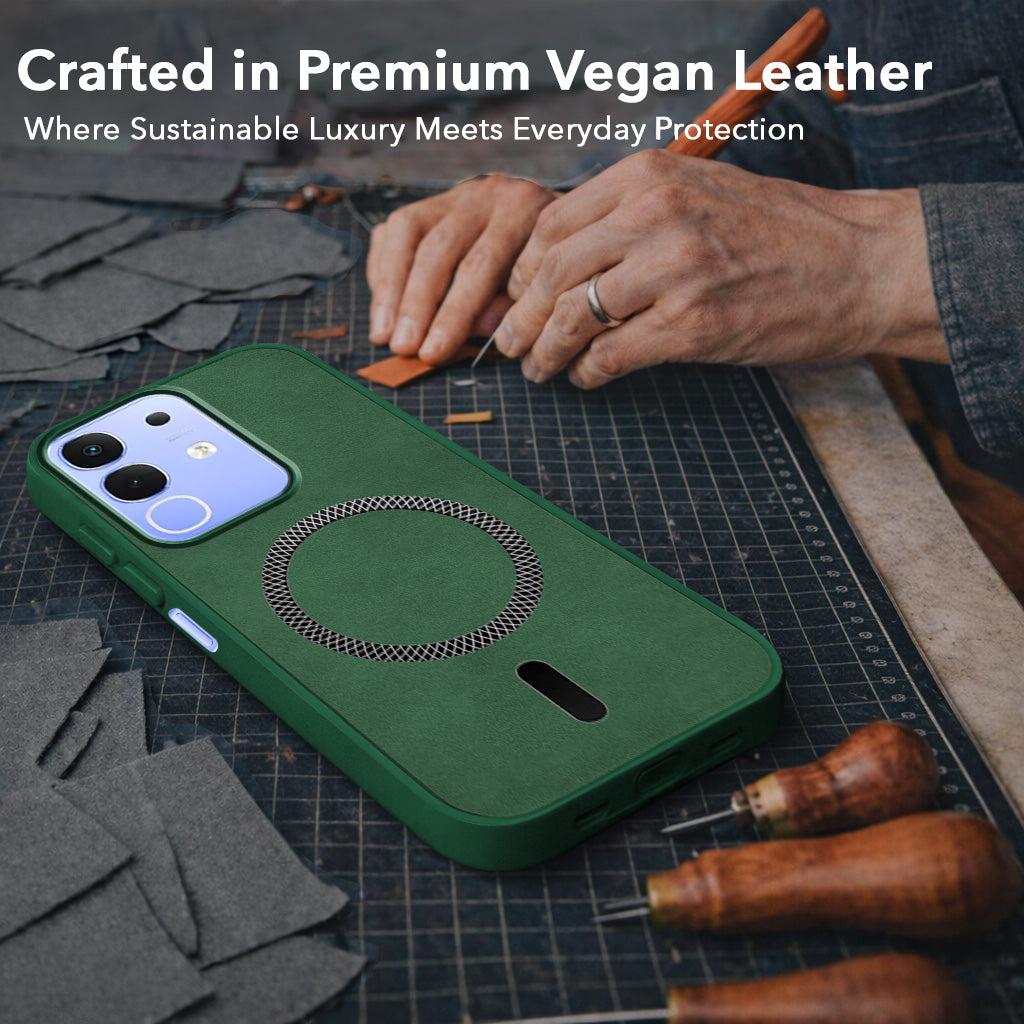 For Vivo iQOO Z10x Back Cover Case Leather Finish (MagSafe Compatible Wireless Charging | Soft Touch | Camera Bump Protection)