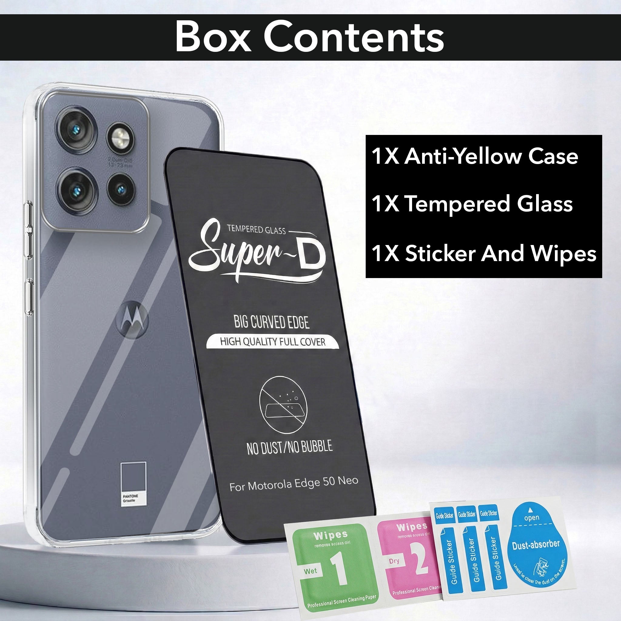 For Motorola Moto Edge 50 Neo Combo with Back Cover and 9H Tempered Glass (Lifetime Anti-Yellow | Sleek Hard Crystal | Oleophobic Coating Screen Glass)