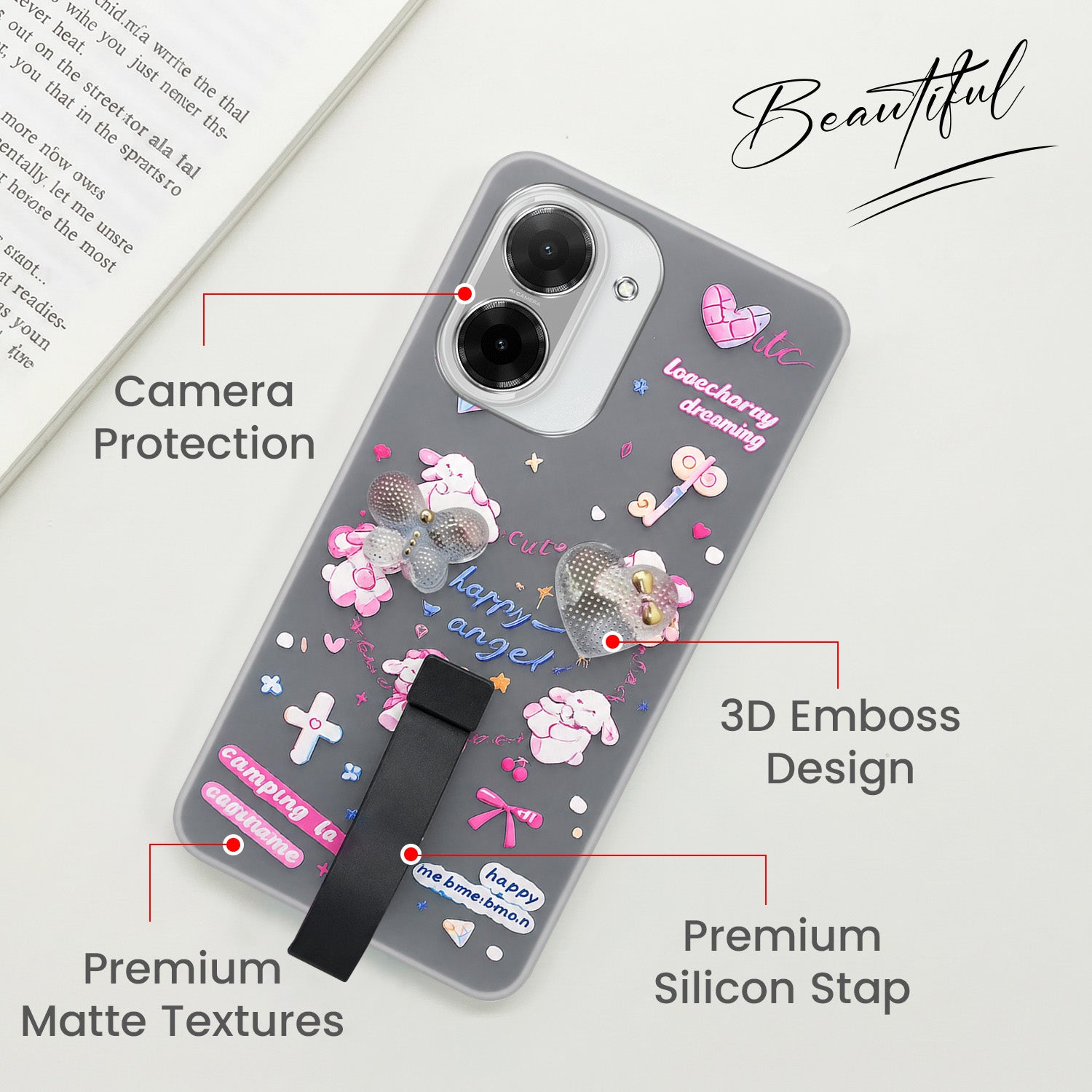 For Poco C71 Back Cover Case (3D Cute Heart Strap Holder | Camera Protection | Designer Girls Print)
