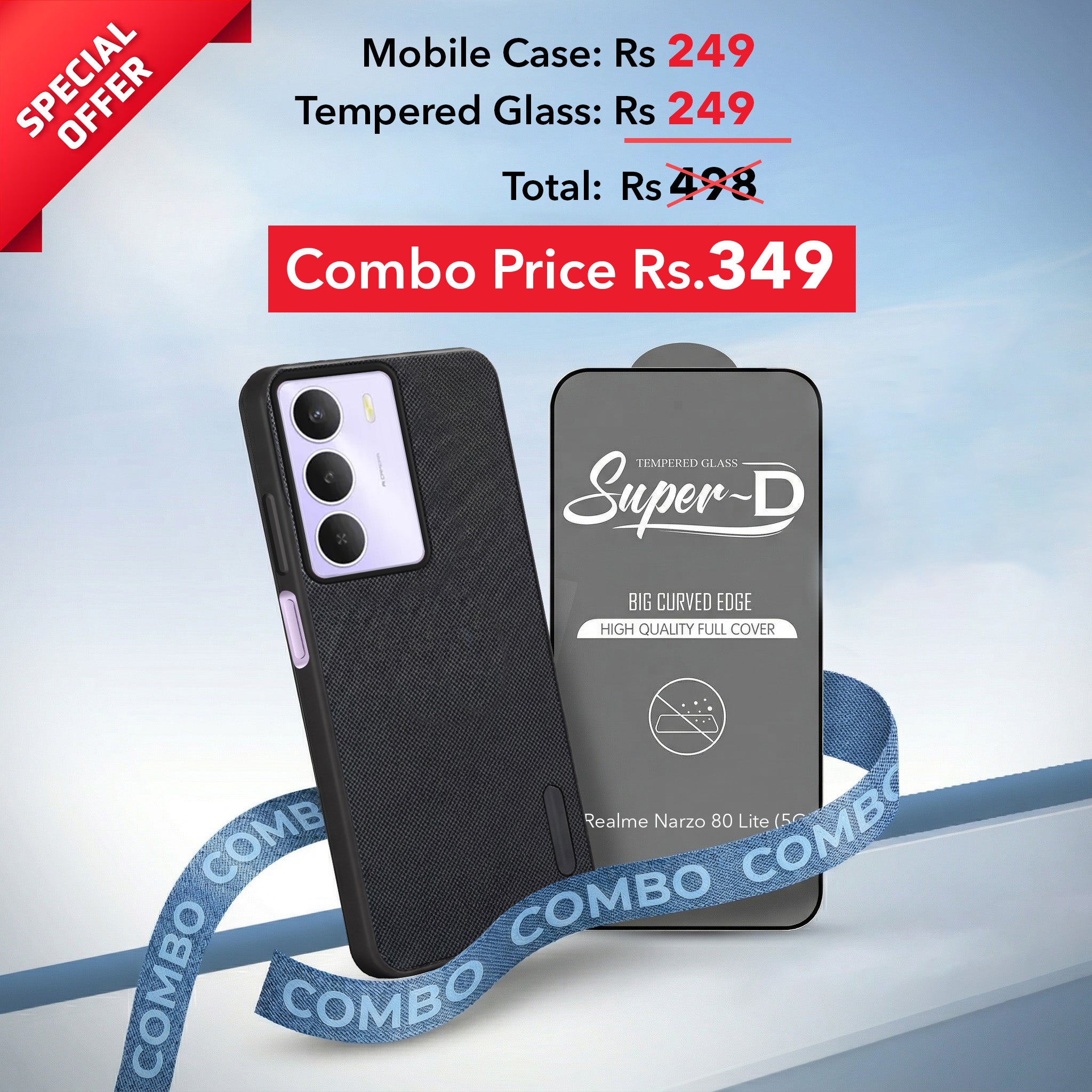For Realme Narzo 80 Lite 5G Combo with Back Cover and 9H Tempered Glass (Textured Grip Design | Micro-Fiber Cloth Inside | Oleophobic Coating Screen Glass)