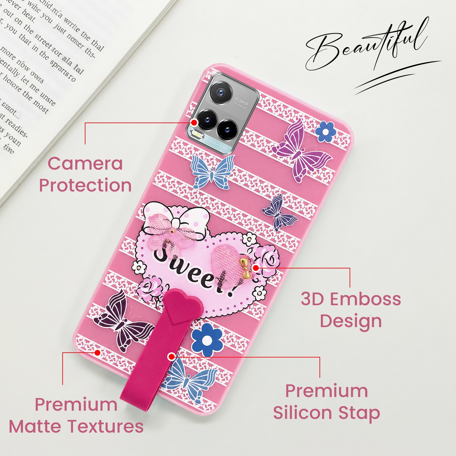 For Vivo Y33s Back Cover Case (3D Cute Heart Strap Holder | Camera Protection | Designer Girls Print)