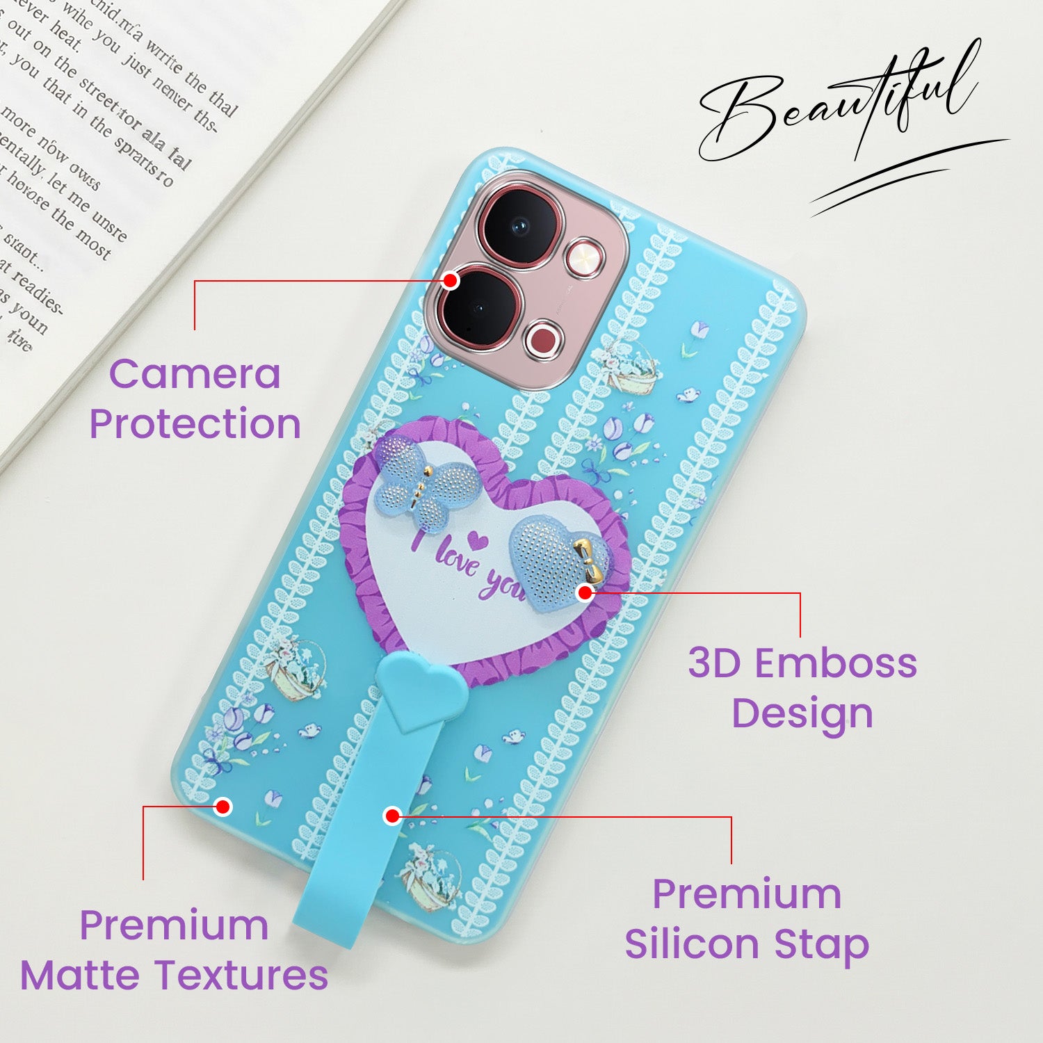 For Vivo Y51 Pro 5G | Vivo T5x Back Cover Case (3D Cute Heart Strap Holder | Camera Protection | Designer Girls Print)