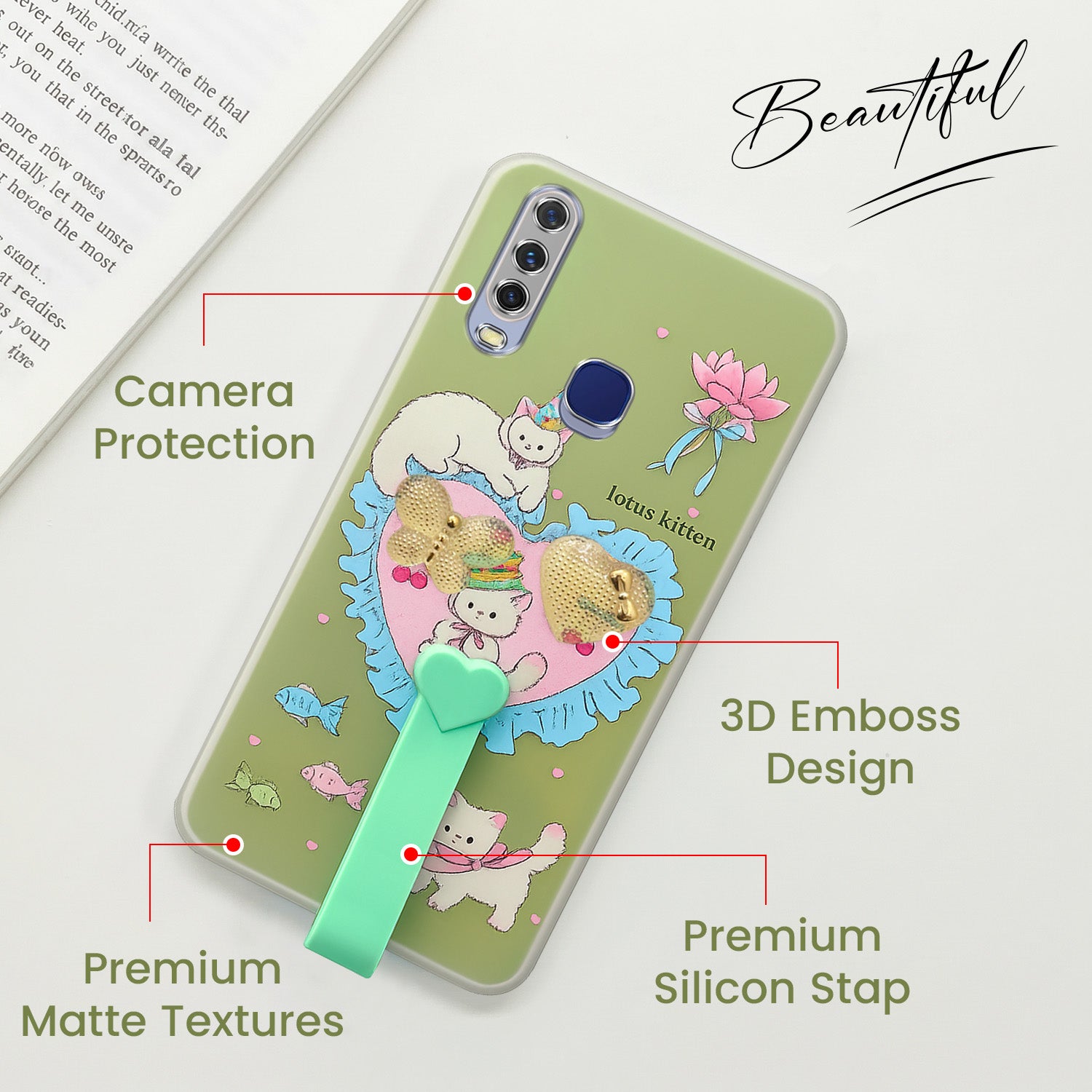 For Vivo Y12 | Y15 | Y17 Back Cover Case (3D Cute Heart Strap Holder | Camera Protection | Designer Girls Print)