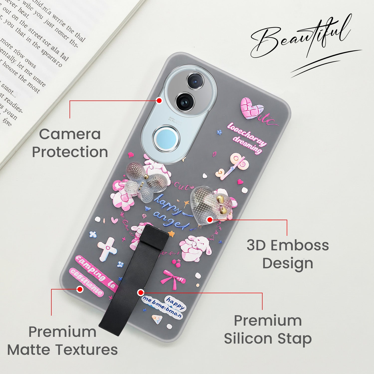 For Vivo iQOO Z10R Back Cover Case (3D Cute Heart Strap Holder | Camera Protection | Designer Girls Print)