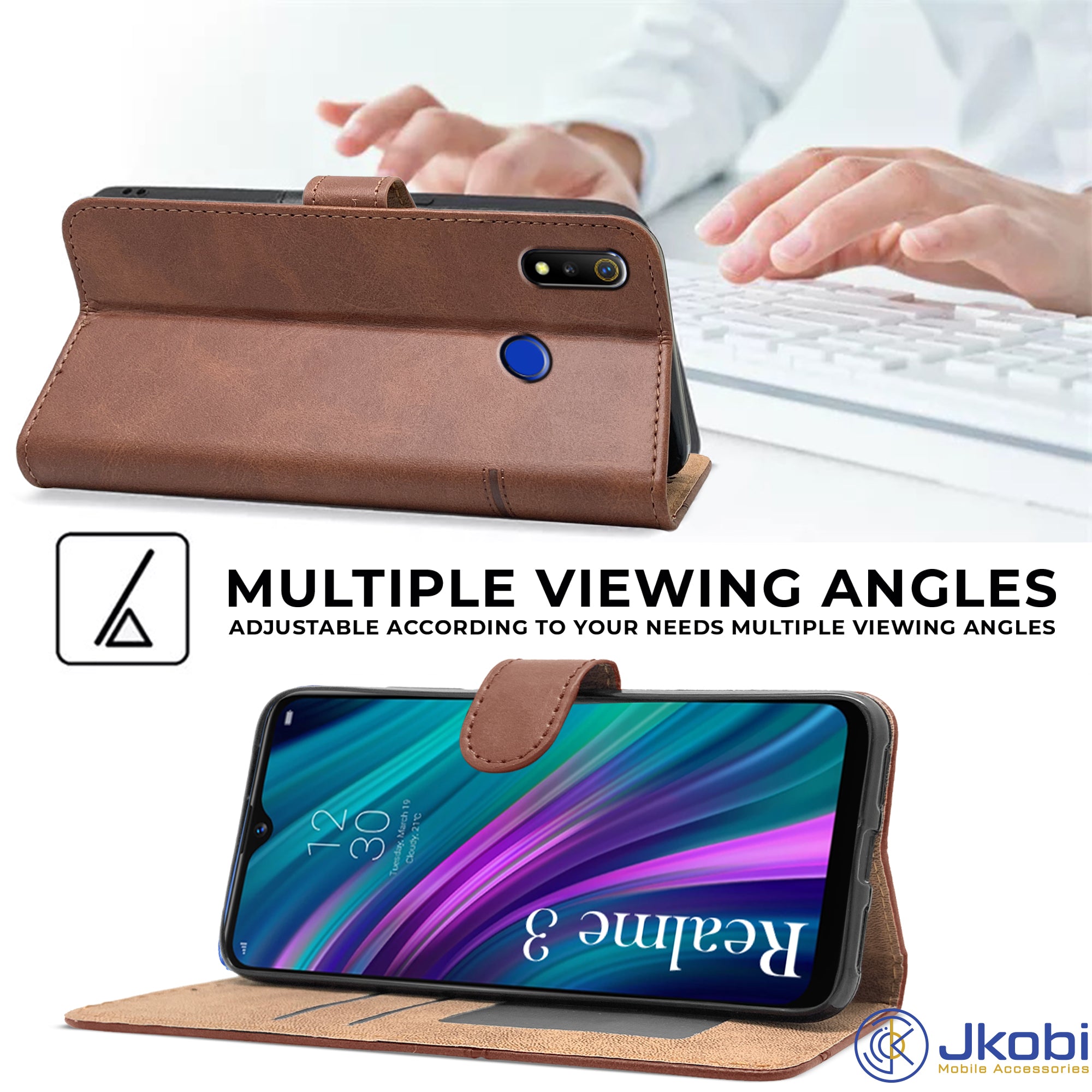 For Realme 3 | Realme 3i Flip Cover Case (Stitched Leather with Magnetic Closure)