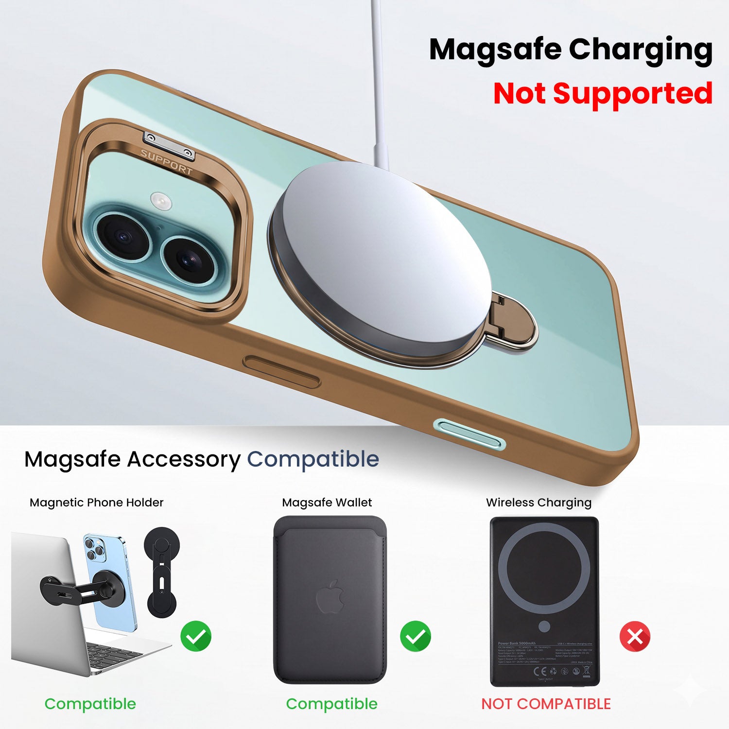 For Apple iPhone 16 Back Cover Case Crystal (Lifetime Anti Yellow | Magnetic Ring Stand | Camera Lens Protection | MagSafe Compatible)