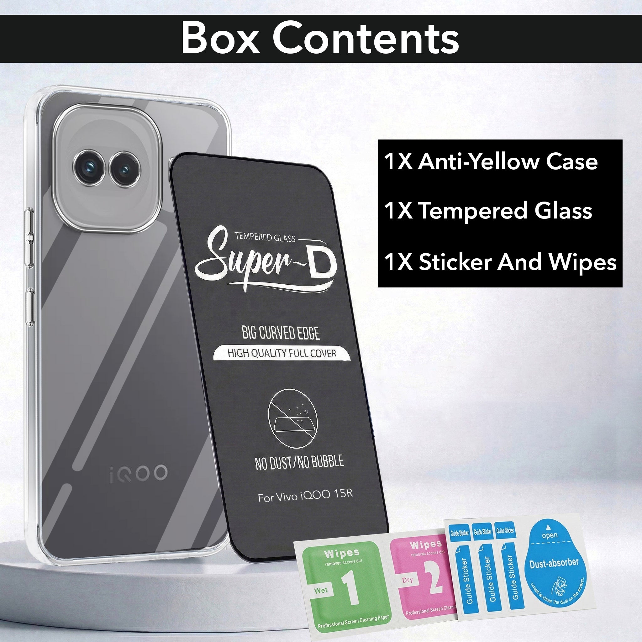 For Vivo iQOO 15R 5G Combo with Back Cover and 9H Tempered Glass (Lifetime Anti-Yellow | Sleek Hard Crystal | Oleophobic Coating Screen Glass)