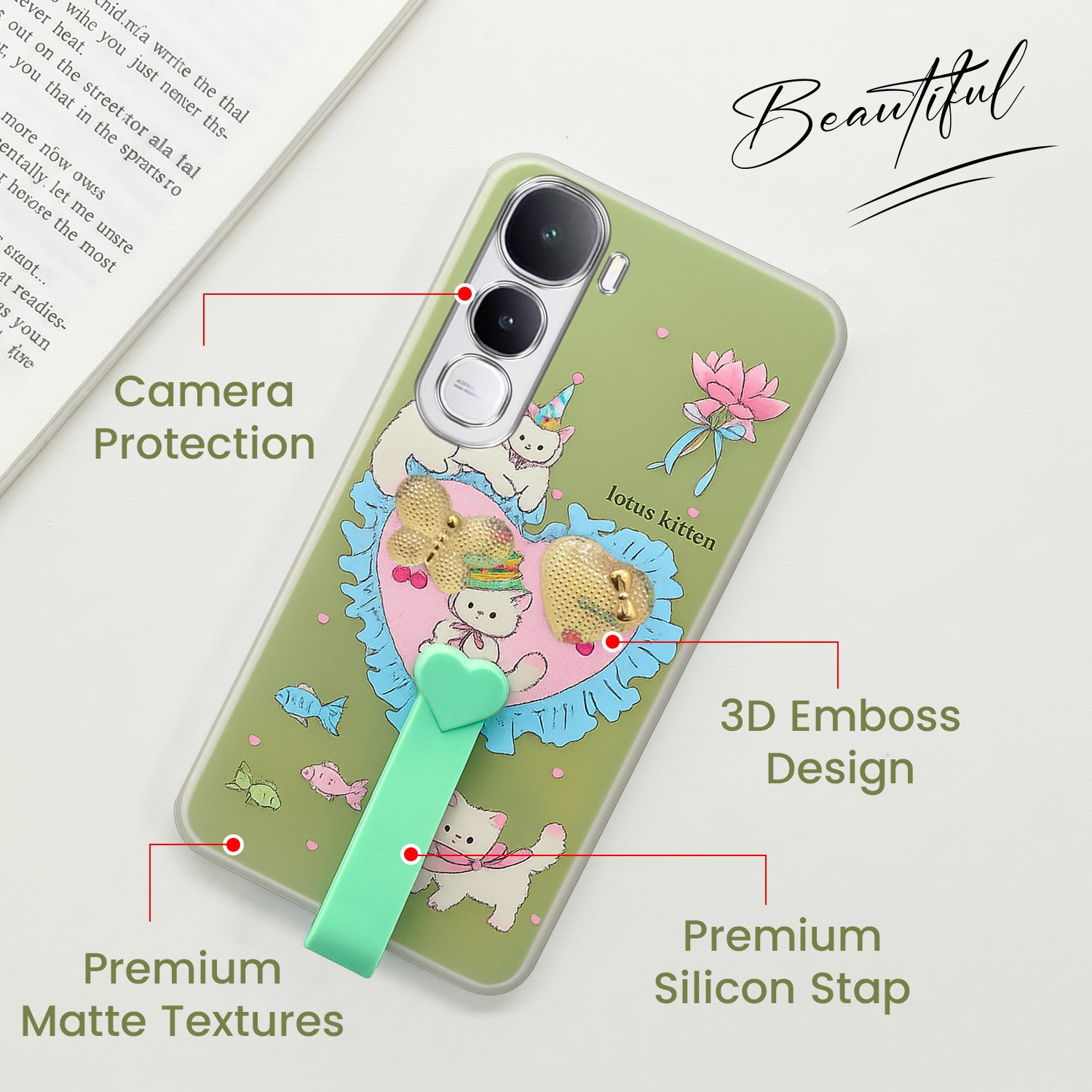 For Vivo Y400 Back Cover Case (3D Cute Heart Strap Holder | Camera Protection | Designer Girls Print)