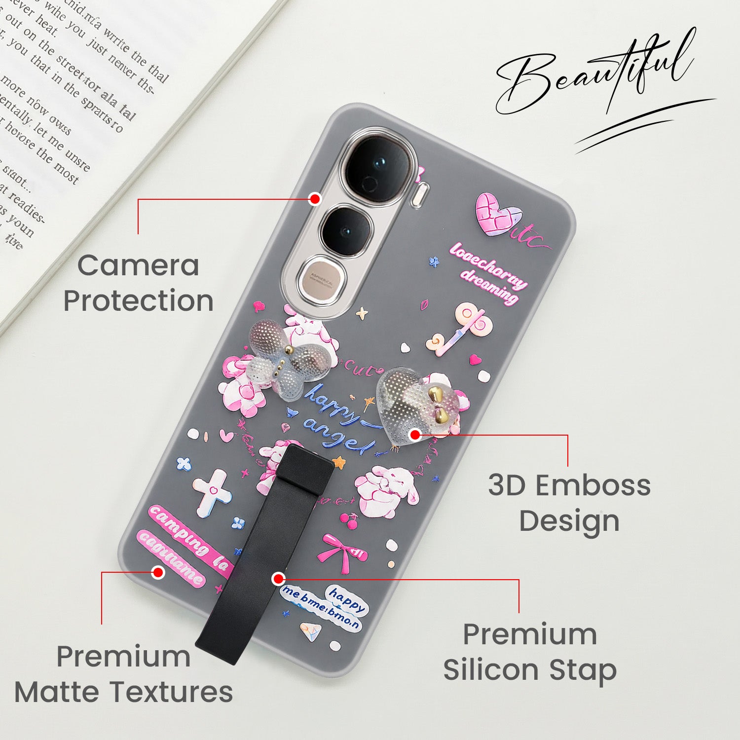 For Vivo Y400 Pro Back Cover Case (3D Cute Heart Strap Holder | Camera Protection | Designer Girls Print)