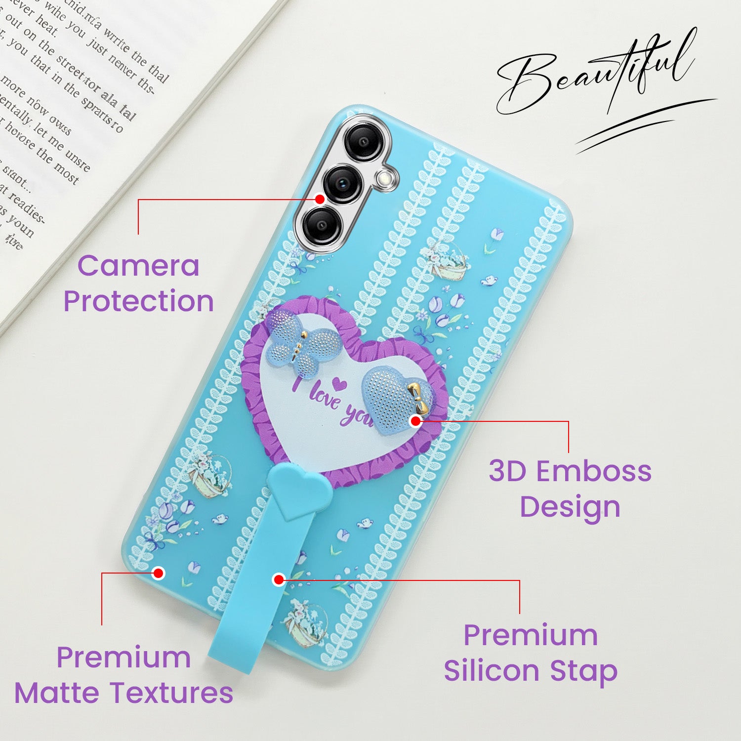 For Samsung Galaxy A14 4G | 5G Back Cover Case (3D Cute Heart Strap Holder | Camera Protection | Designer Girls Print)