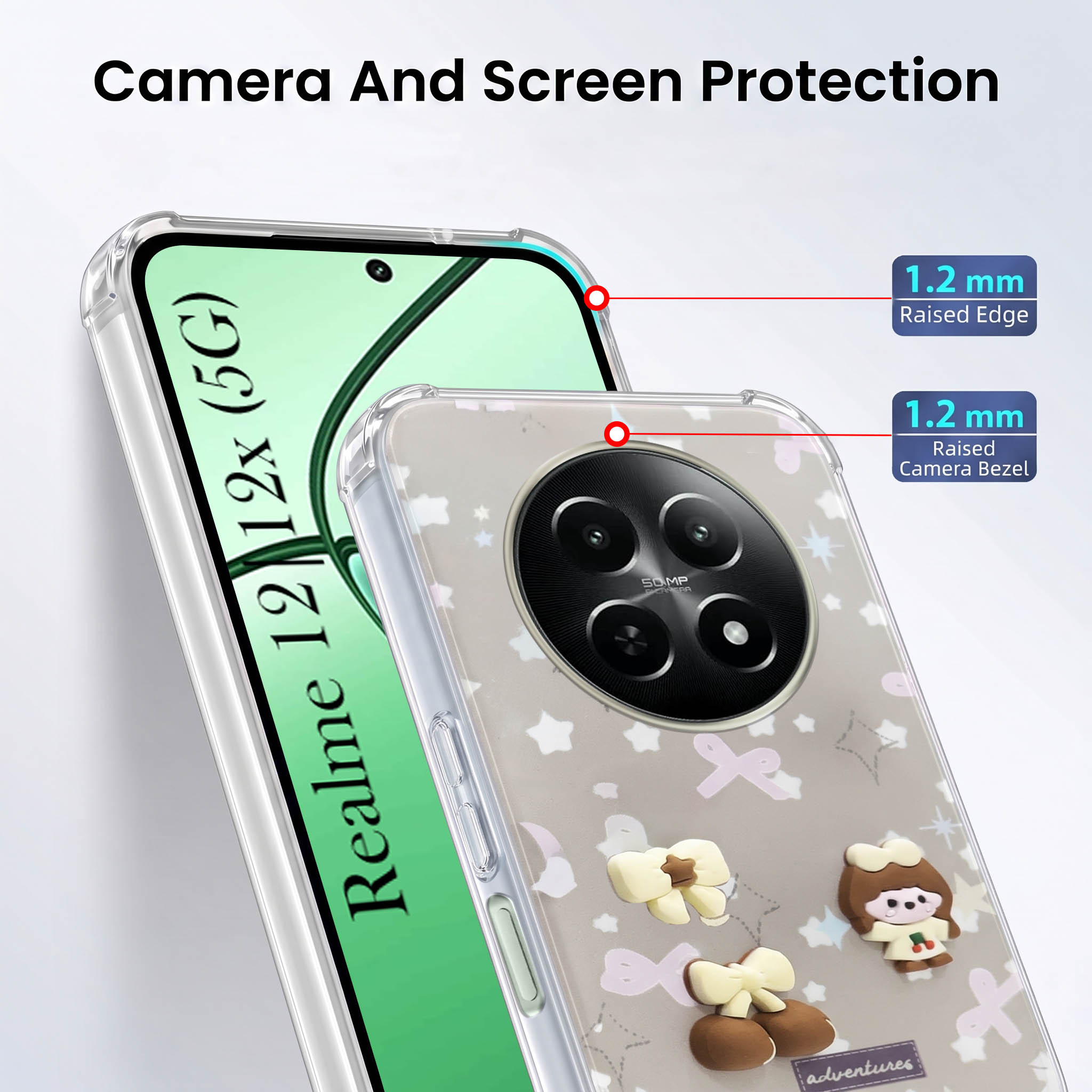 For Realme 12 | Realme 12X Back Cover Case (3D Cute Cartoons | Hard Back Side Soft | Matte Premium Finish | HD Printing)