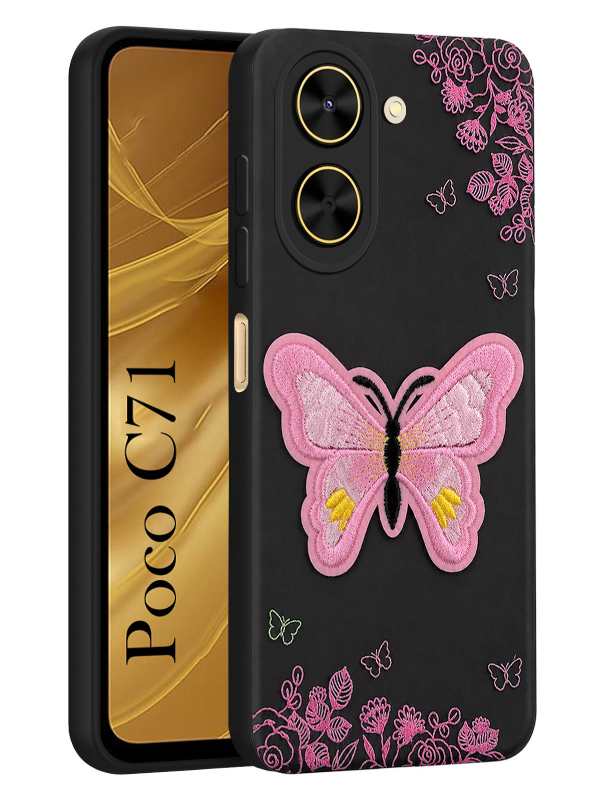 For Poco C71 Back Cover (Soft Butterfly Embroidery | Women Teen Girls | Camera Protection| Matte Silicone)