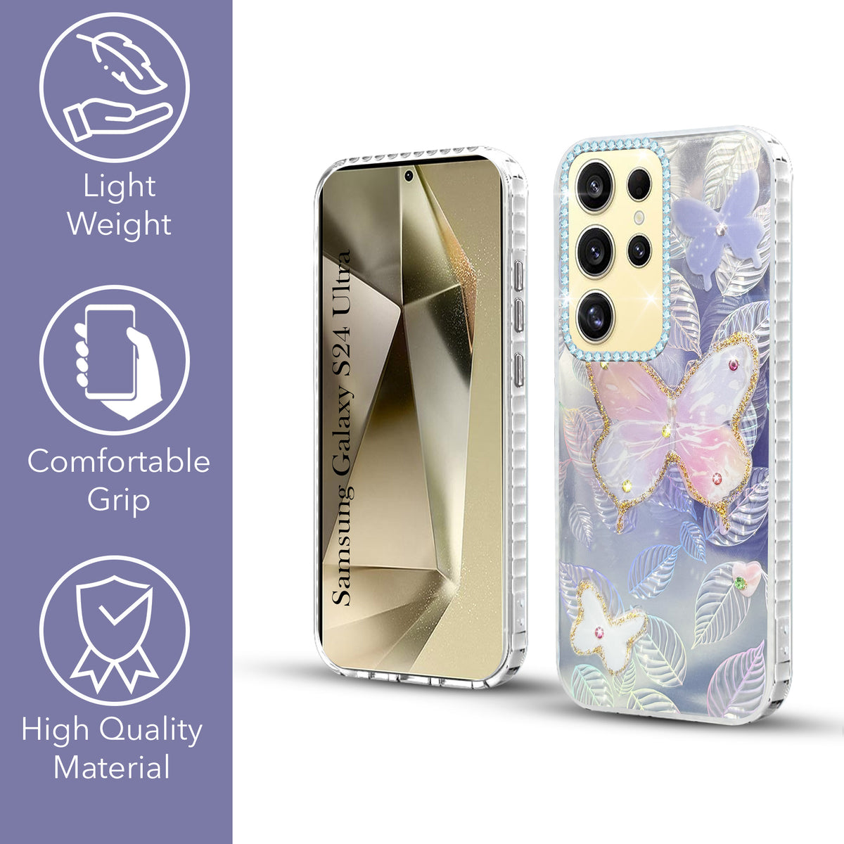 For Samsung Galaxy S24 Ultra Back Cover Case (Luxury Floral Glitter Cute Butterfly | Diamond Studded Camera Bump | Girls & Women Design)