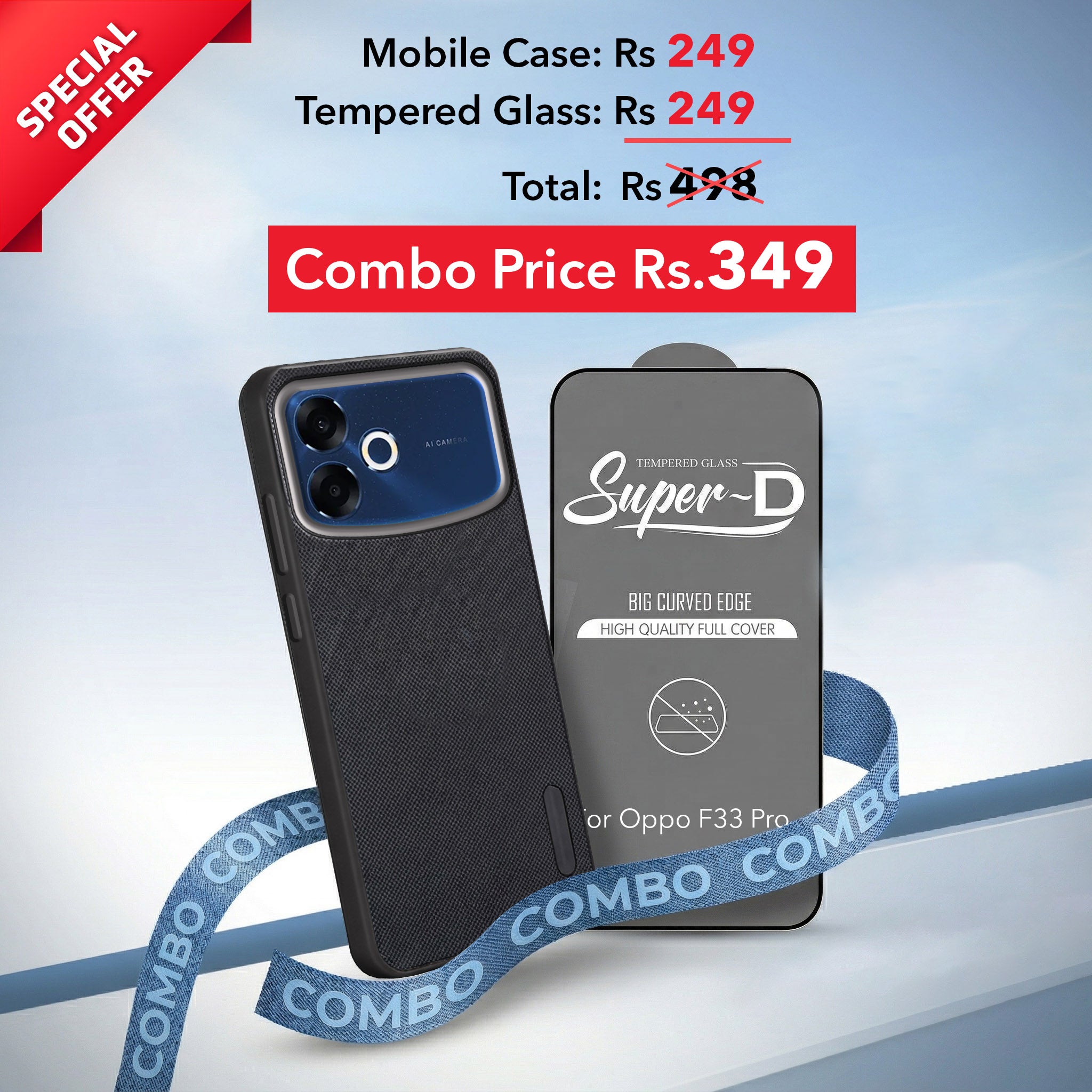 For Oppo F33 Pro 5G Combo with Back Cover and 9H Tempered Glass (Textured Grip Design | Micro-Fiber Cloth Inside | Oleophobic Coating Screen Glass)