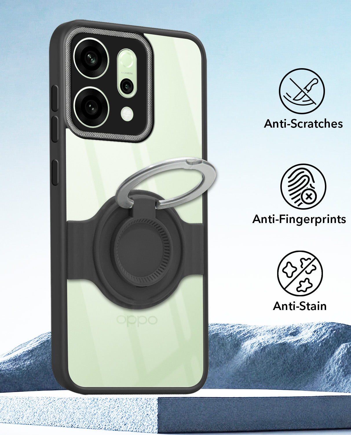 For Oppo Reno14 5G | Oppo Reno 14 5G Back Cover Case with stand (Built-in Ring Holder Kickstand | Lifetime Anti Yellow | Camera Protection)