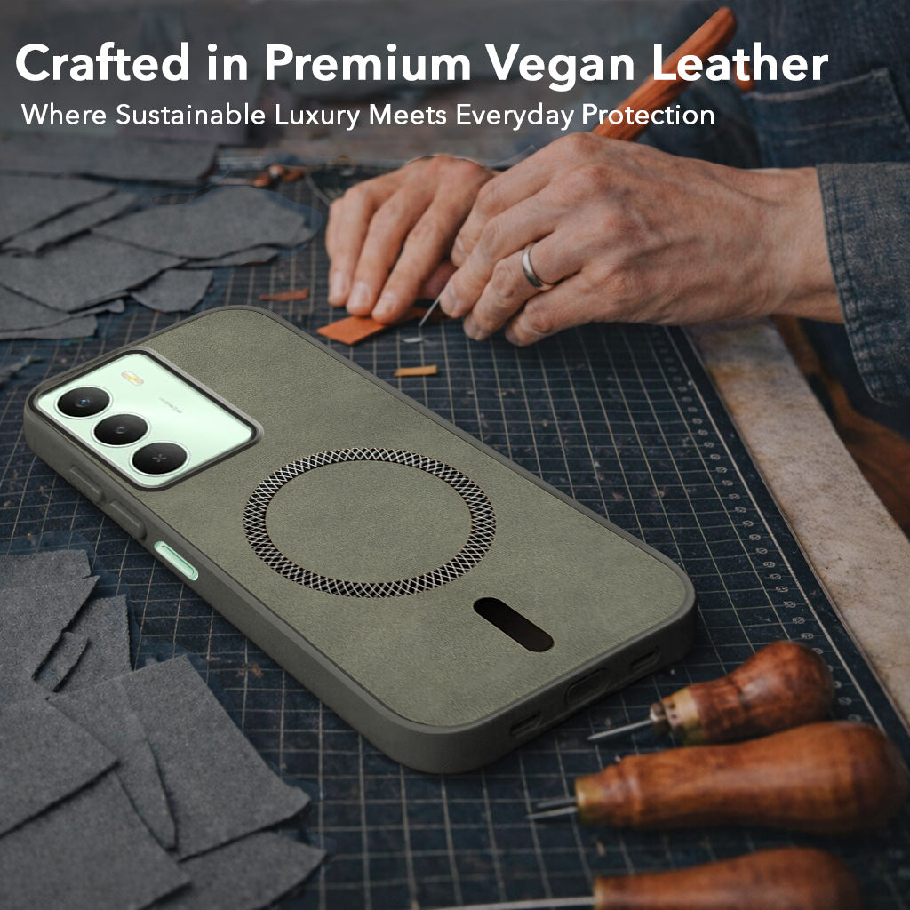 For Realme C73 Back Cover Case Leather Finish (MagSafe Compatible Wireless Charging | Soft Touch | Camera Bump Protection)