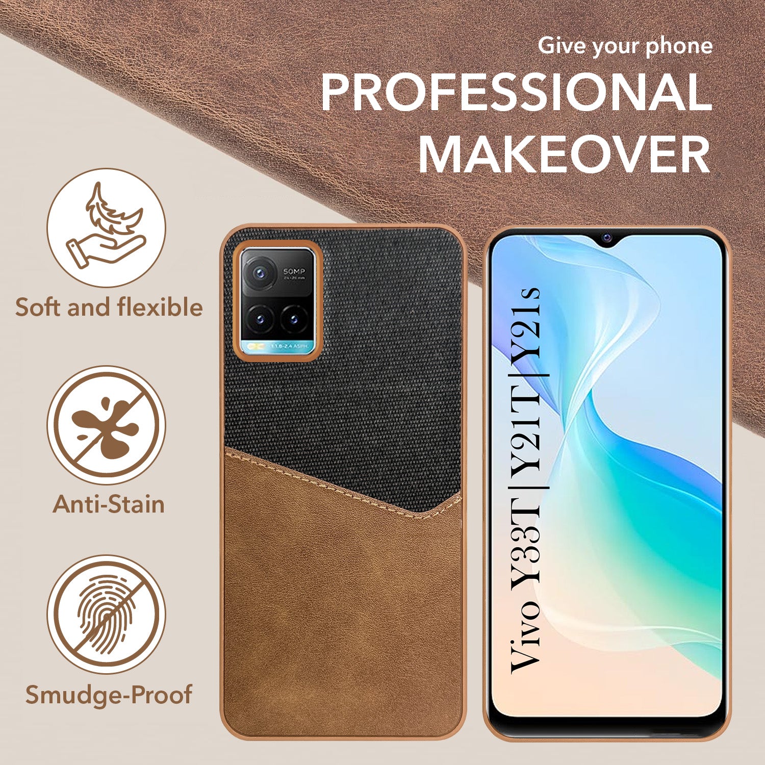 For Vivo Y33T | Vivo Y21T | Vivo Y21s Back Cover Case (Dual PU Leather Stitch | Professional Minimalist | Soft and Flexible)