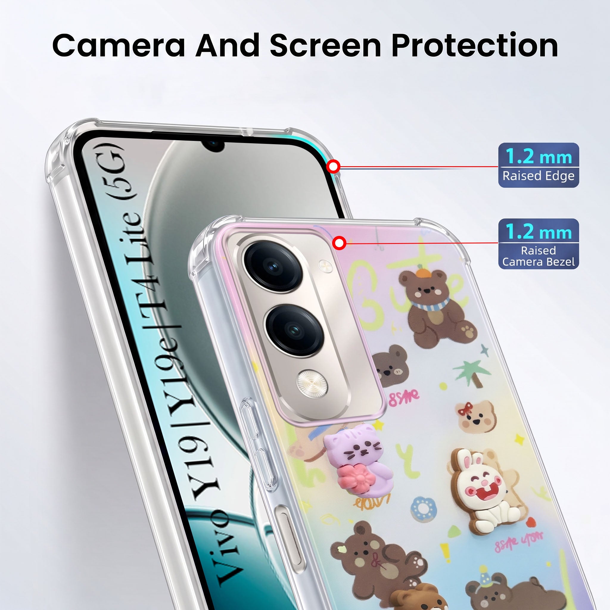 For Vivo Y19 | Vivo Y19e | Vivo T4 Lite Back Cover Case (3D Cute Cartoons | Hard Back Side Soft | Matte Premium Finish | HD Printing)