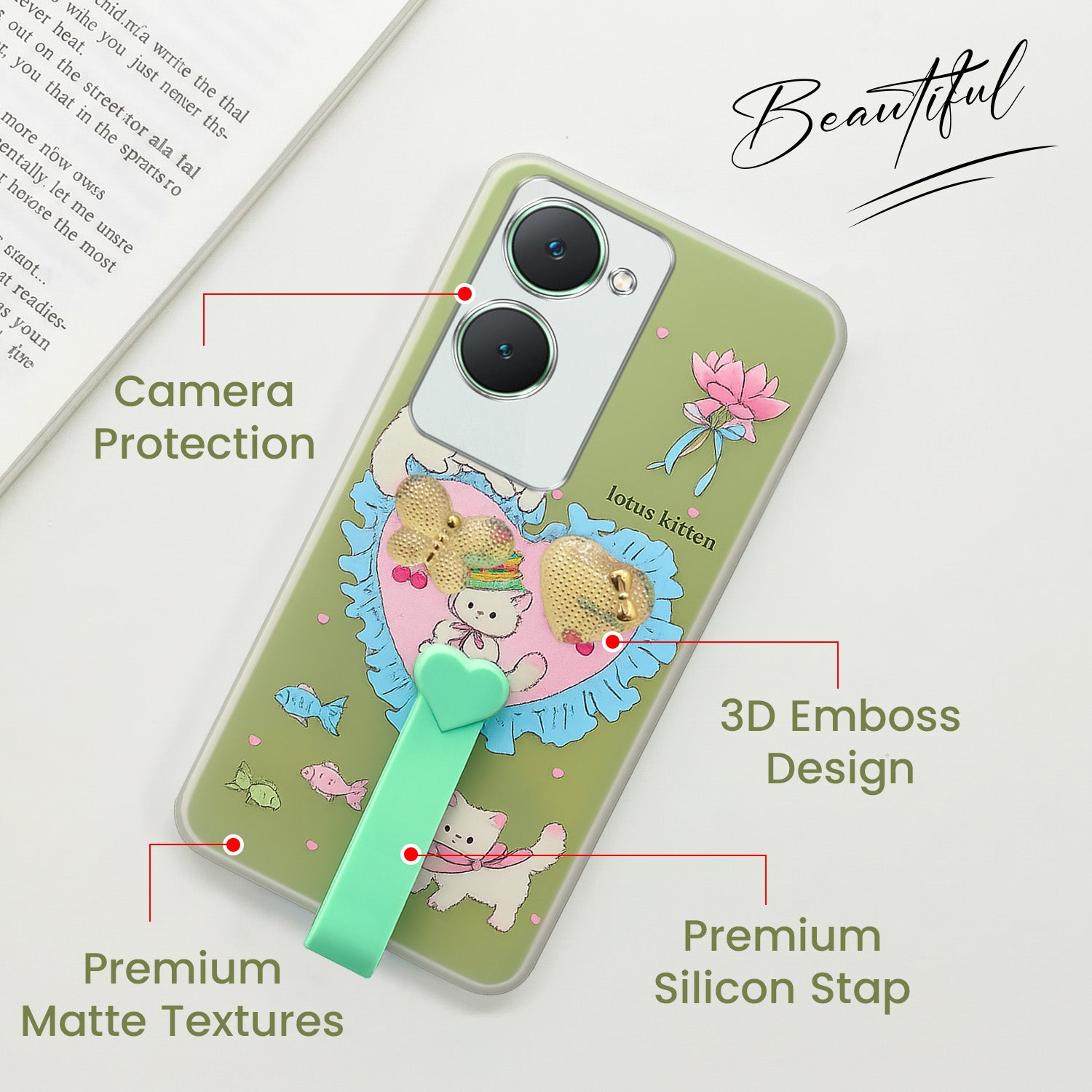 For Vivo Y18 | Y18e | Y03 | Y18i | Y18t Back Cover Case (3D Cute Heart Strap Holder | Camera Protection | Designer Girls Print)