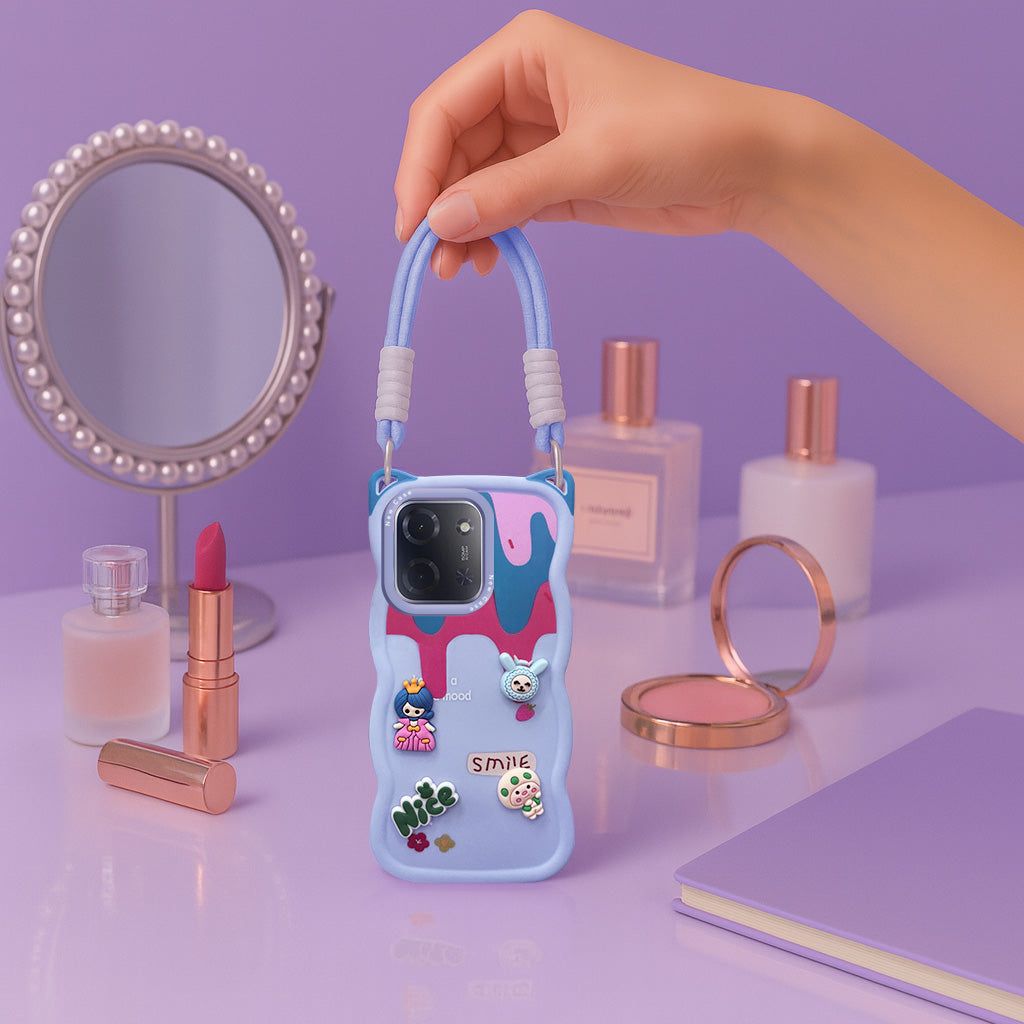 For Poco C85 5G Back Case Cover Strap (3D Embossed Figures | Strap Holder | 360* Soft Cushion with Camera Bump)