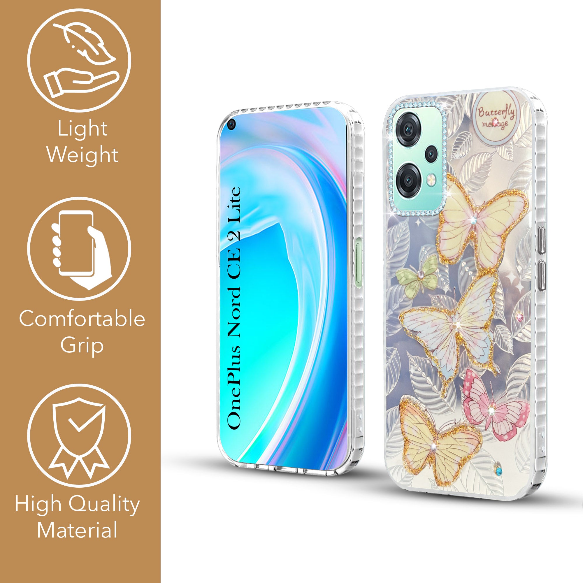 For OnePlus Nord CE 2 Lite Back Cover Case (Luxury Floral Glitter Cute Butterfly | Diamond Studded Camera Bump | Girls & Women Design)