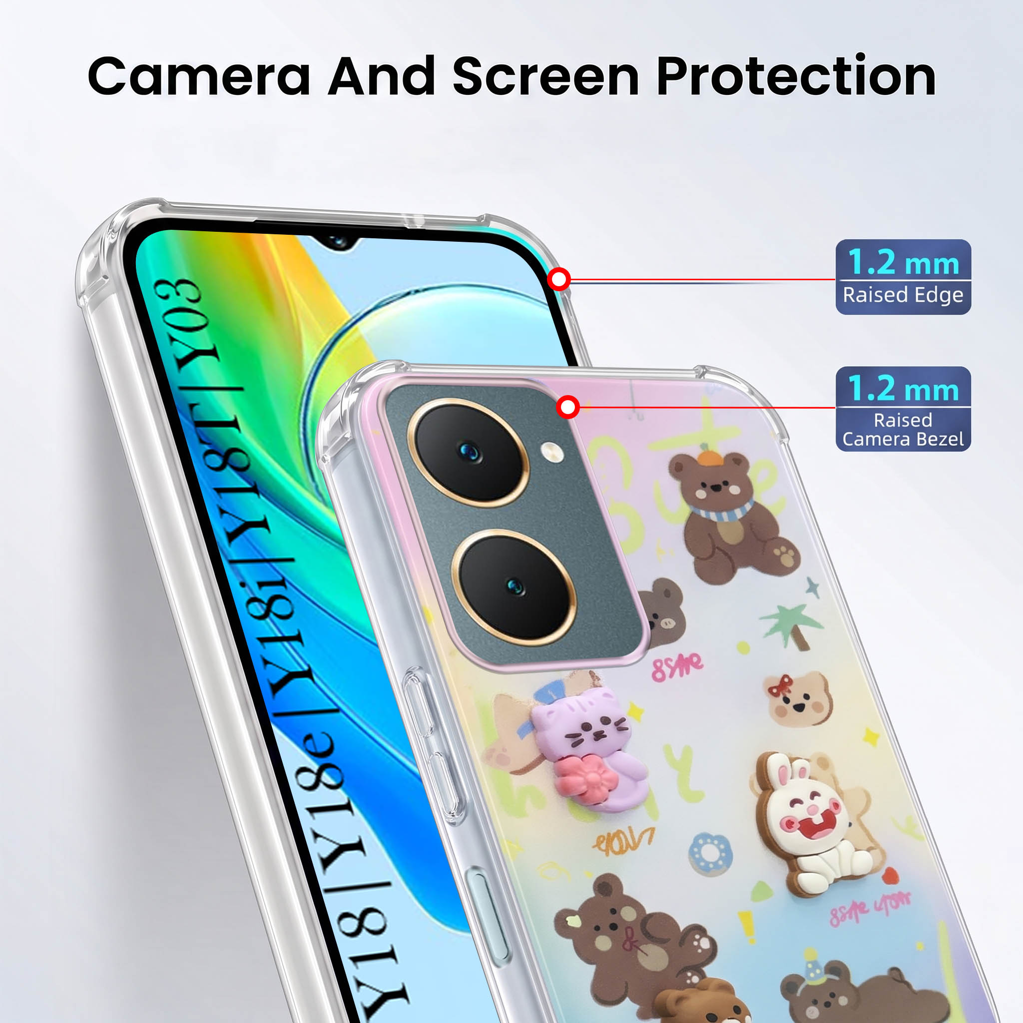 For Vivo Y18 | Y18e | Y03 | Y18i | Y18t Back Cover Case (3D Cute Cartoons | Hard Back Side Soft | Matte Premium Finish | HD Printing)