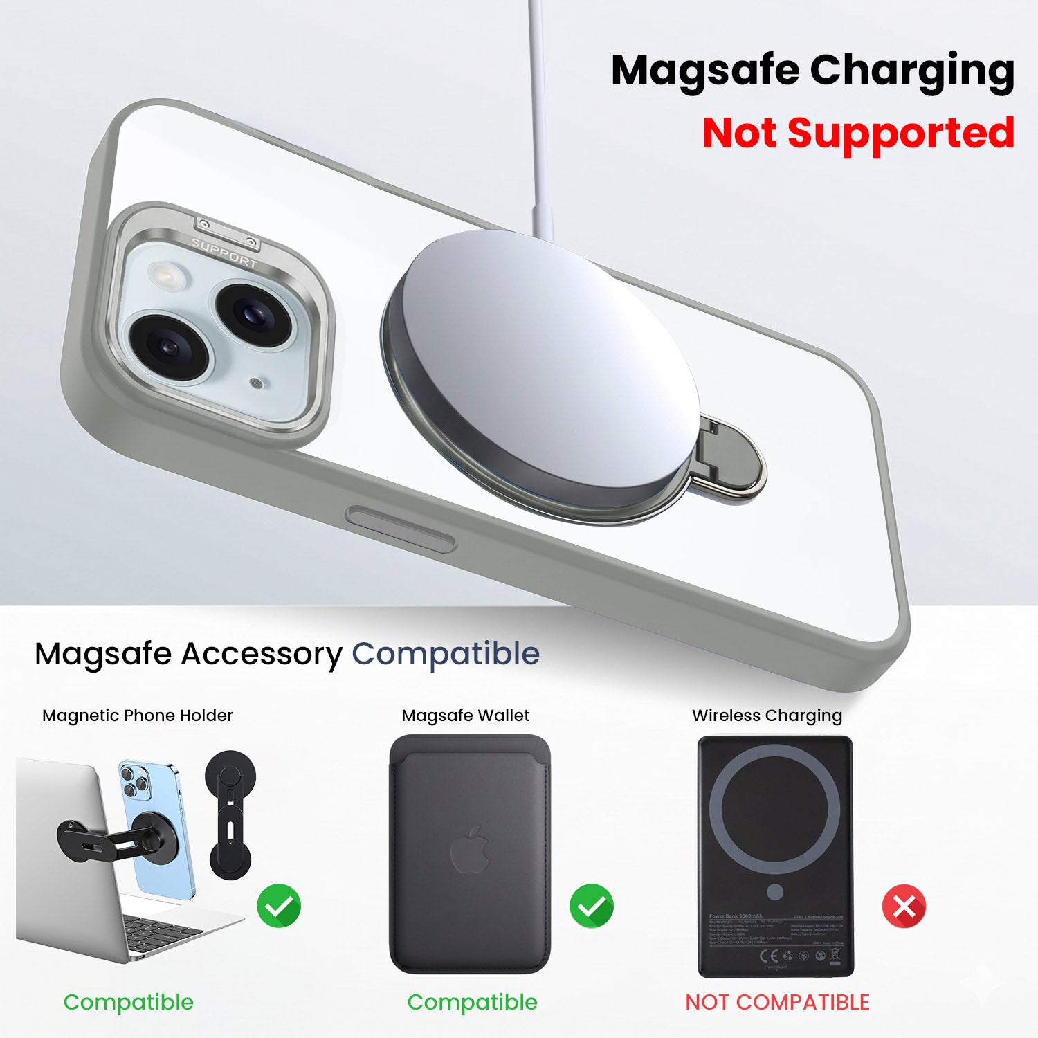 For Apple iPhone 15 Back Cover Case Crystal (Lifetime Anti Yellow | Magnetic Ring Stand | Camera Lens Protection | MagSafe Compatible)