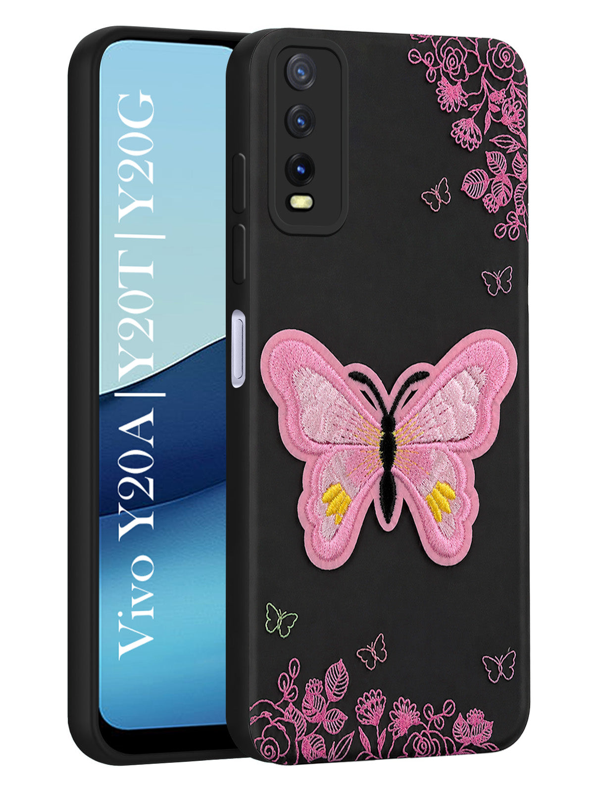For Vivo Y20A | Y20T | Y20G Back Cover Case (Soft Butterfly Embroidery | Women Teen Girls | Camera Protection| Matte Silicone)