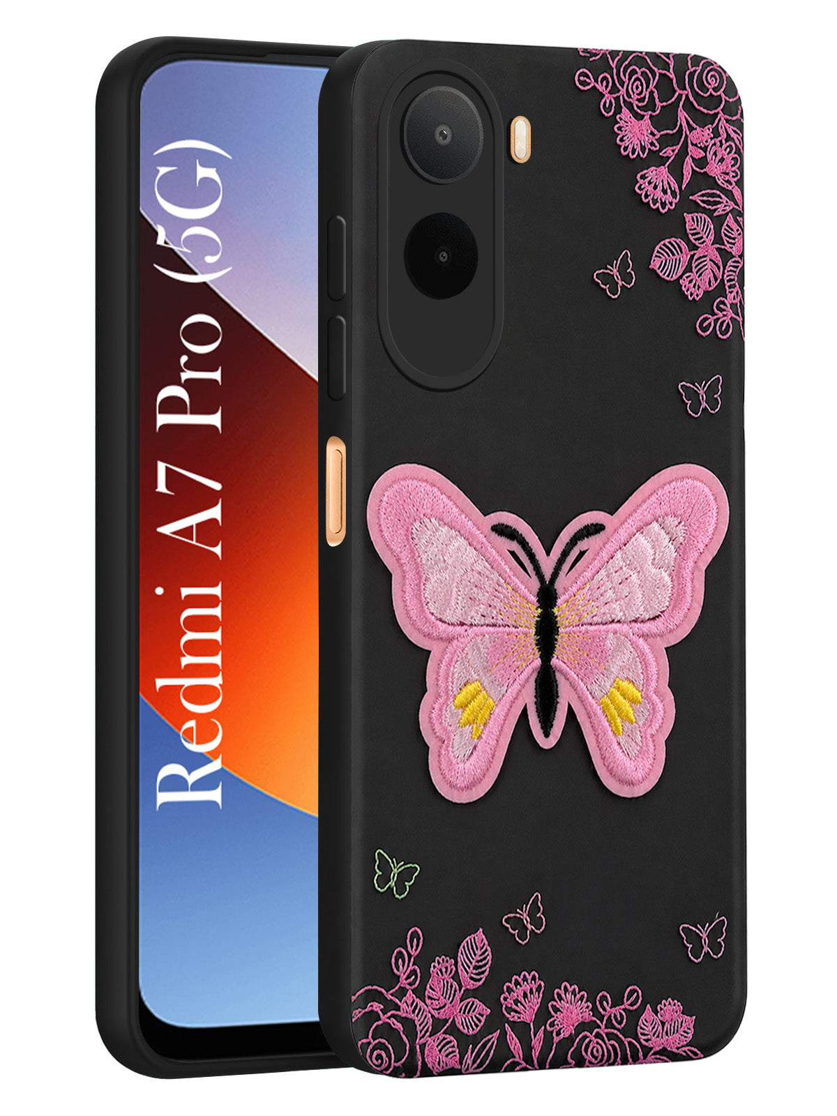 For Redmi A7 Pro 5G Back Cover Case (Soft Butterfly Embroidery | Women Teen Girls | Camera Protection| Matte Silicone)