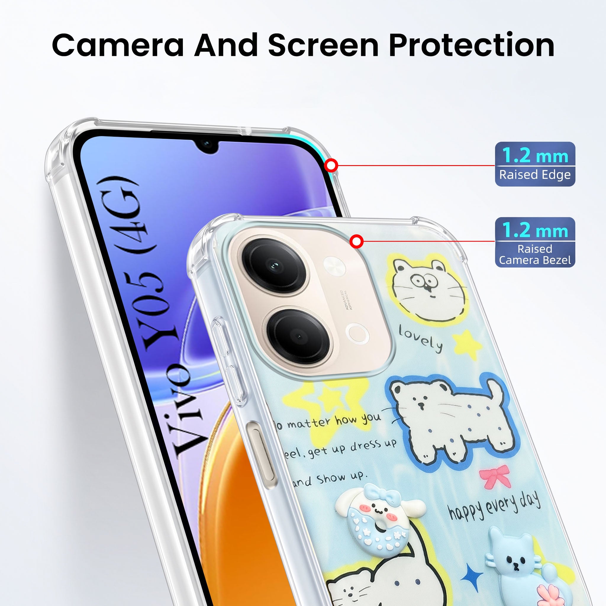 For Vivo Y05 4G Back Cover Case (3D Cute Cartoons | Hard Back Side Soft | Matte Premium Finish | HD Printing)