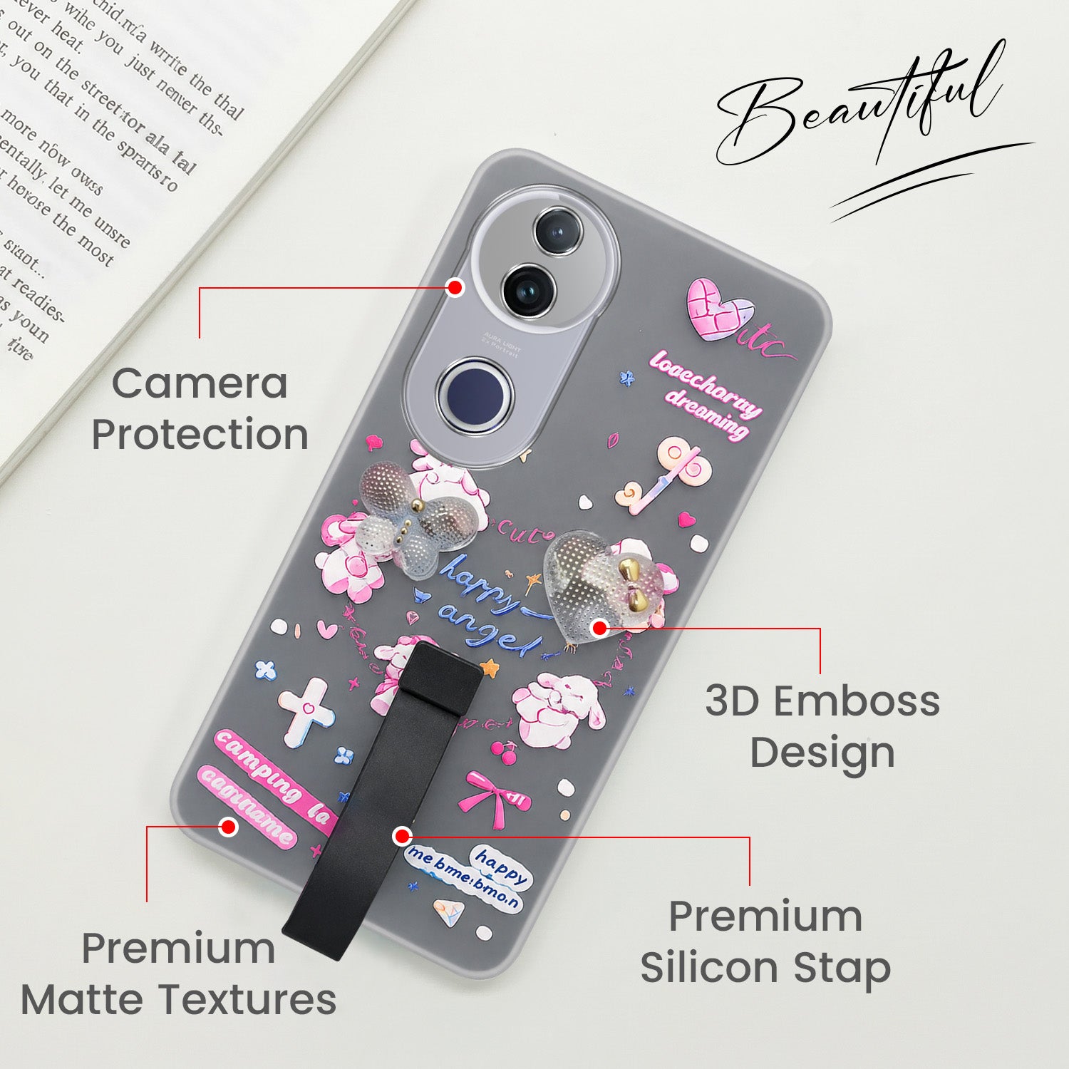 For Vivo T4R  Back Cover Case (3D Cute Heart Strap Holder | Camera Protection | Designer Girls Print)